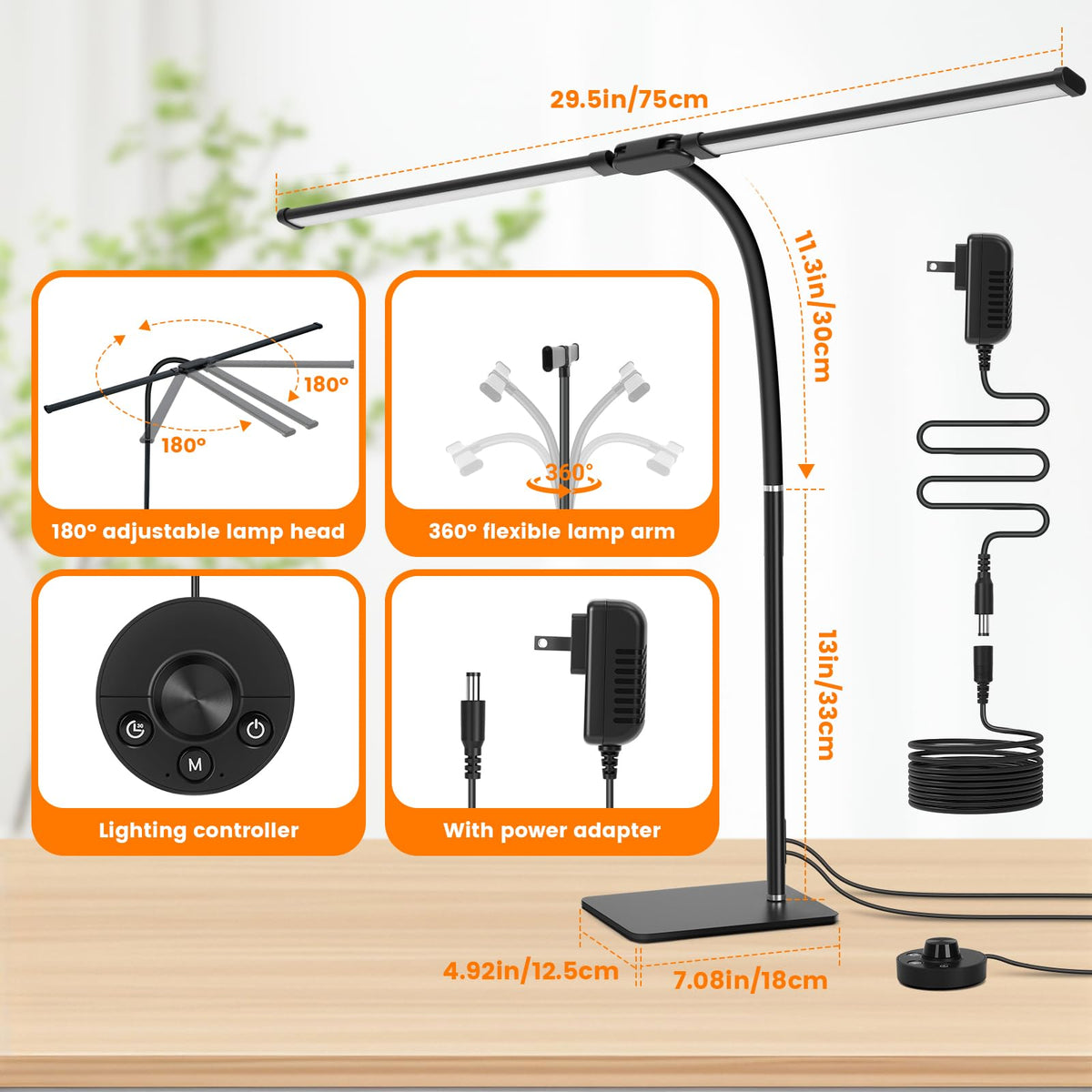 Desk Lamp for Home Office,Adjustable Double Head Desk Light with Base Black