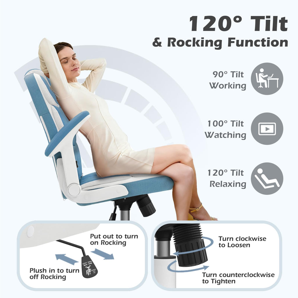 Blue Office Chair Leather Ergonomic Executive Computer Desk Chairs Small Cute Rolling Task Chairs for Teens&Adults