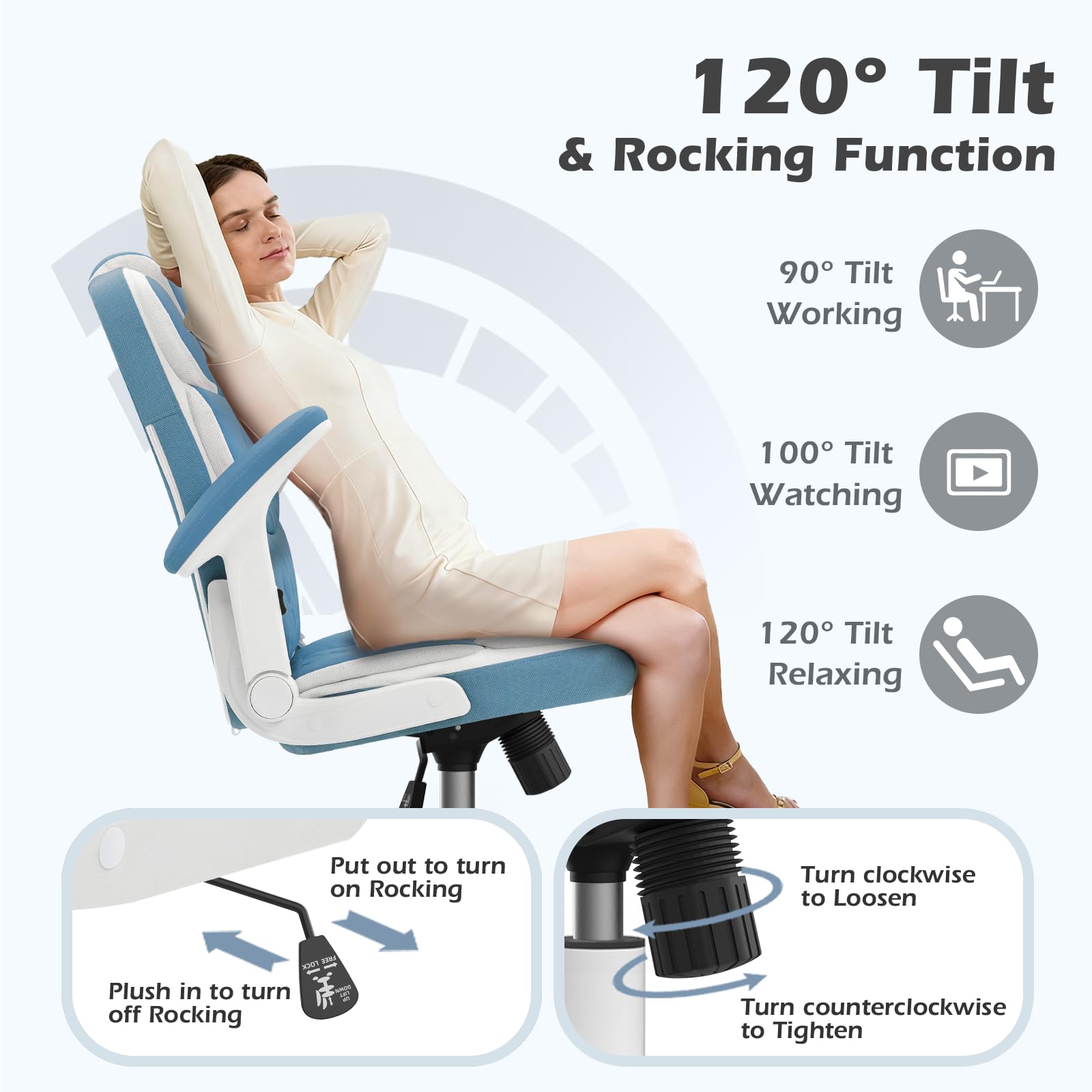 Blue Office Chair Leather Ergonomic Executive Computer Desk Chairs Small Cute Rolling Task Chairs for Teens&Adults