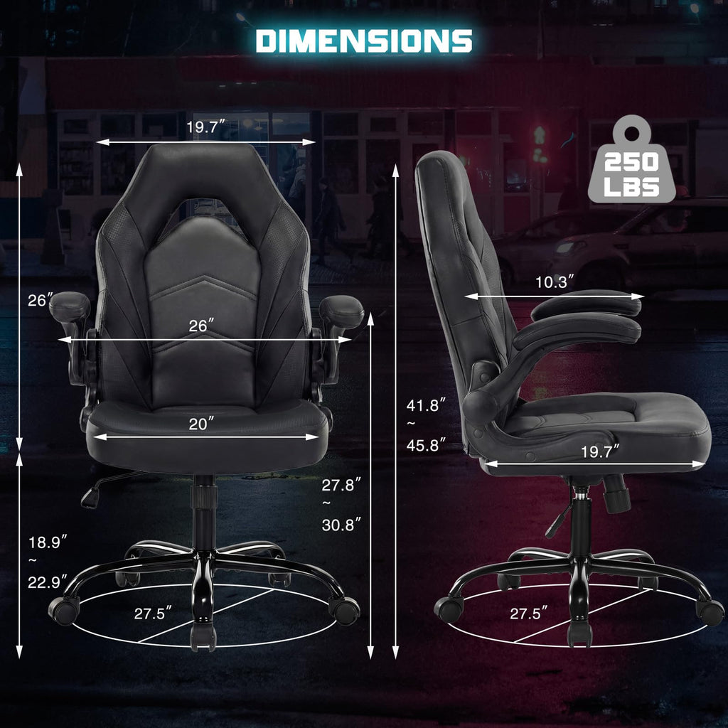 Computer Gaming Desk Chair - Big Tall Ergonomic Lumbar Support with Flip-up Armrest and 360° Swivel Wheels, PU Leather Height Adjustable, for Home and Office, Black