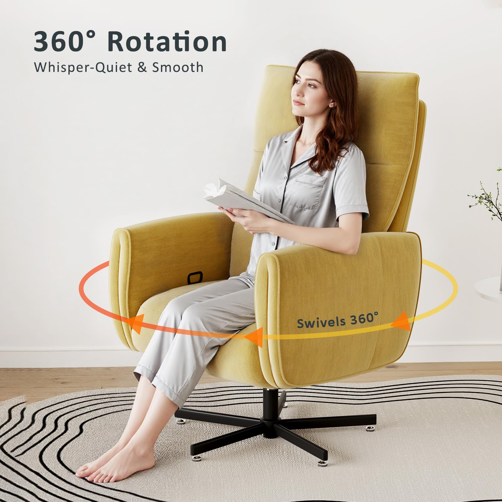 Power Swivel Recliner Chair, Modern Electric with USB & Type-C Ports, Upholstered Velvet Swivel Recliner Chair, 360° Swivel for Office & Living Room, Easy Assembly (Yellow)