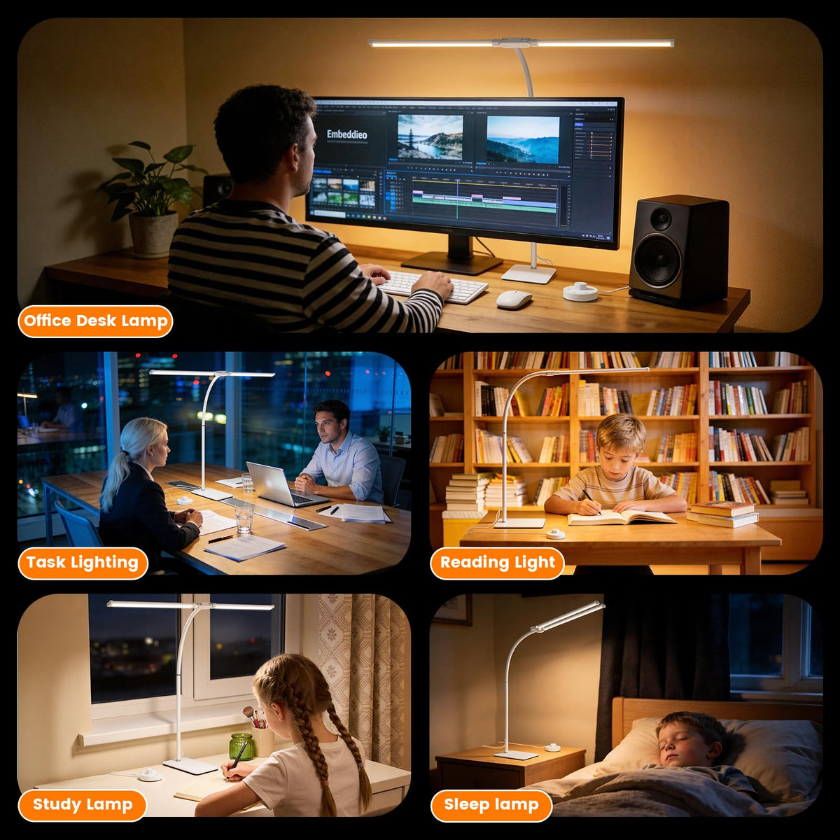 Desk Lamp for Home Office,Adjustable Double Head Desk Light with Base White