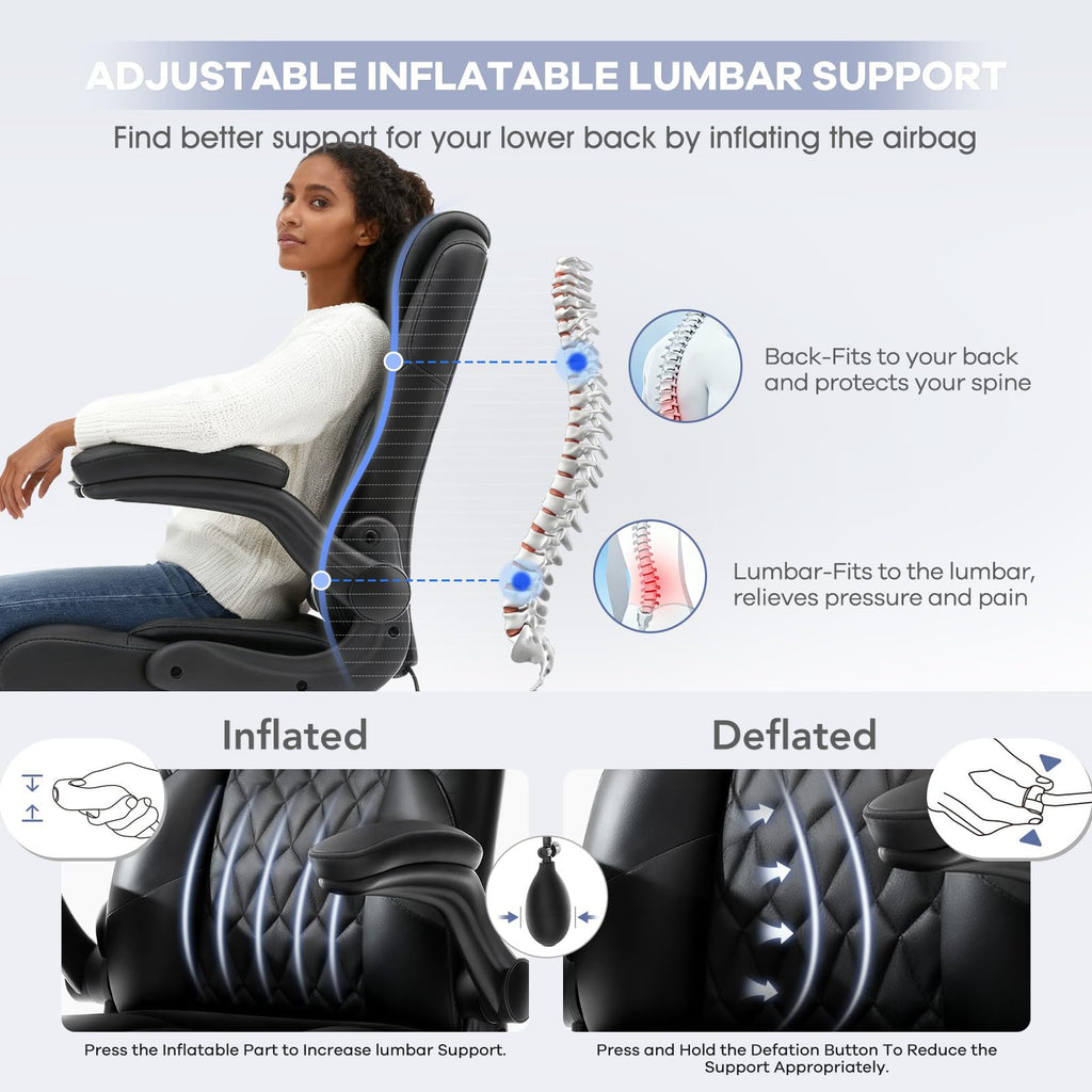 Leather Drafting Chair, Tall Office Chair for Standing Desk, High Executive Office Chair with Inflatable Lumbar Support,Adjustable Height,Flip-up Armres and Foot Ring Studio Chair Black