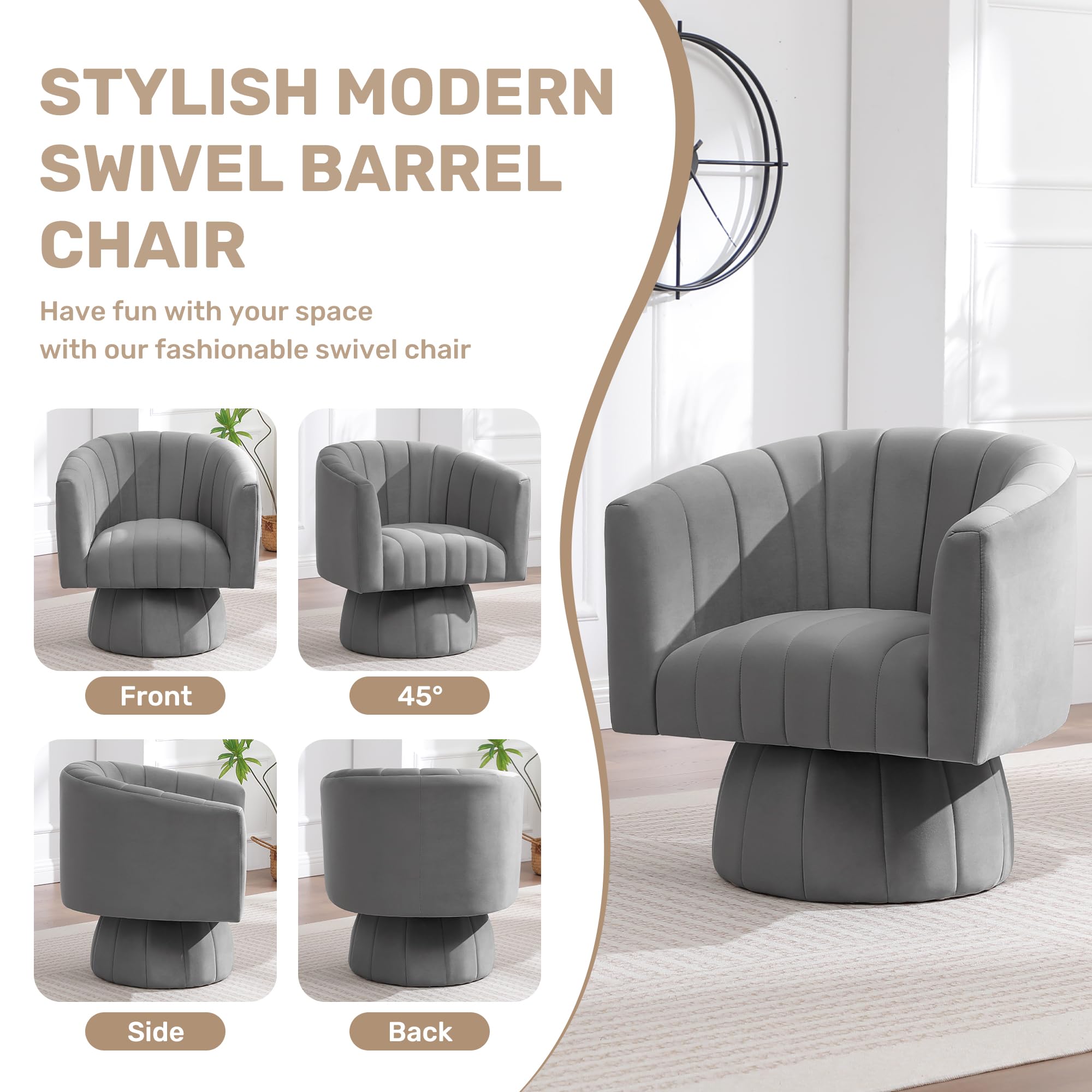 Swivel Accent Barrel Chair Set of 2, Cute Comfy Small Round 360° Arm Chair, Velvet Sofa Club Reading Chair for Office Living Room Bedroom Grey
