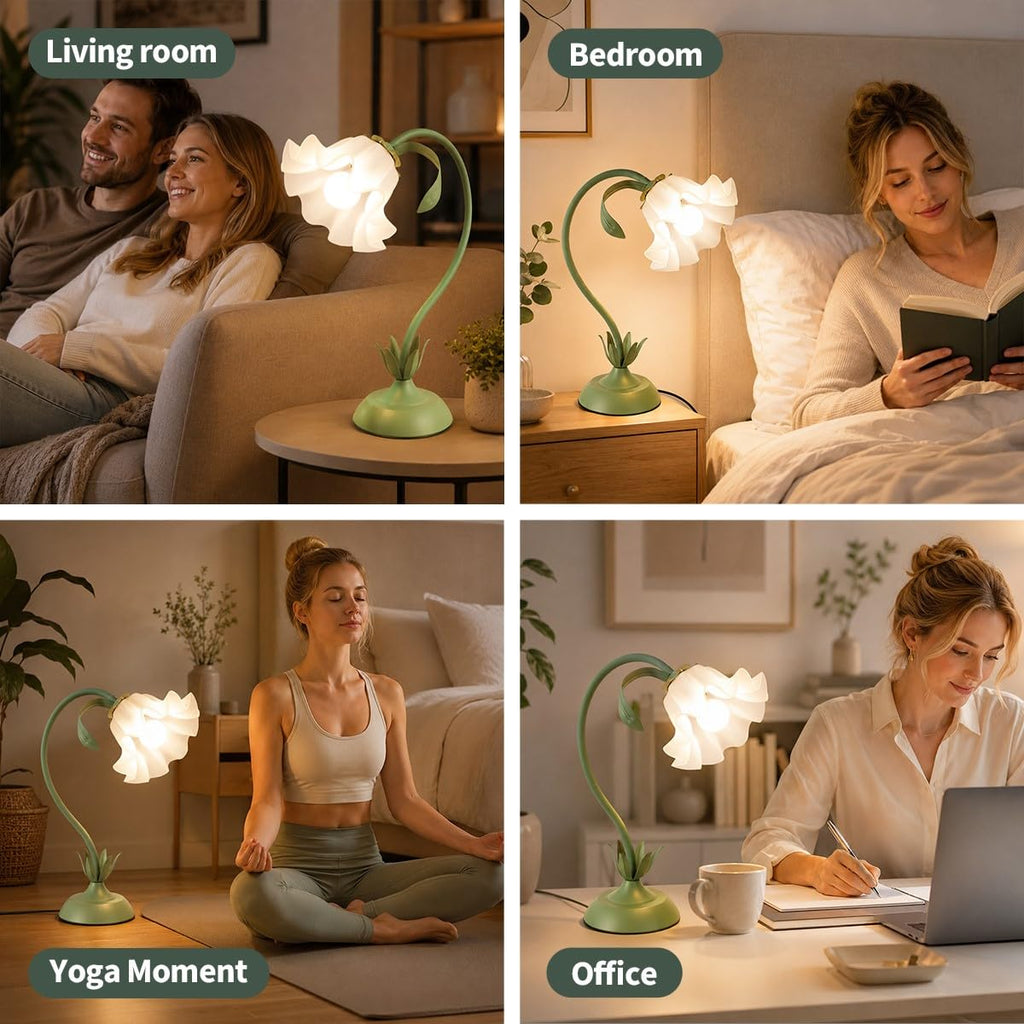 Flower Table Lamp Cute Lily Desk Lamp Bedside Night Light -Green