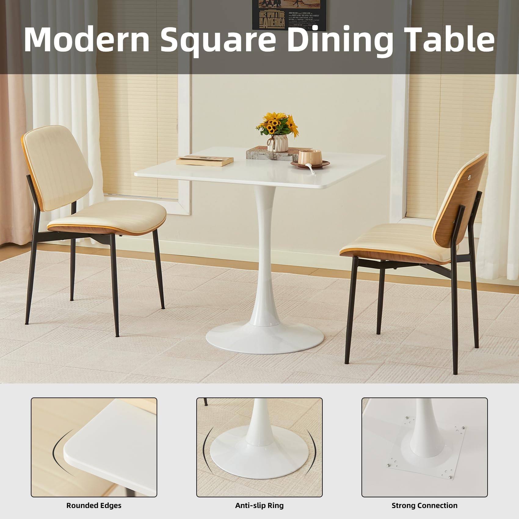 Hansweld Square Dining Table, 31.5" Tulip Table with Thickened Tabletop & Metal Pedestal, Mid Century Modern Bistro Table for Kitchen, Small Places, Living Room, Cafe (White)