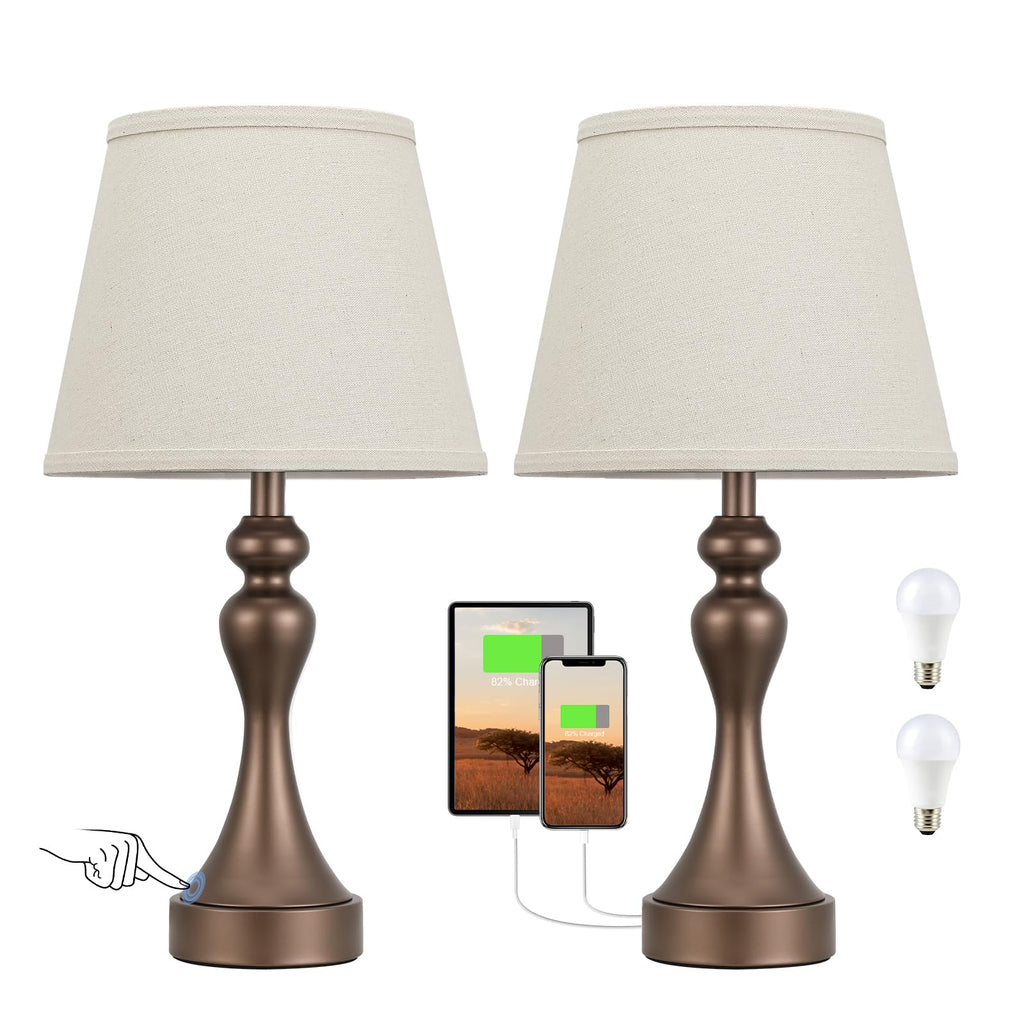 Touch Lamps for Nightstand, 3 Way Dimmable Bedside Lamps with USB C+A Ports
