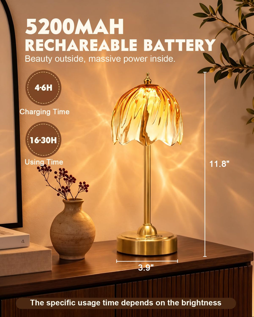 Cordless Flower Table Lamp, 5200mAh Small Rechargeable Touch Lamp