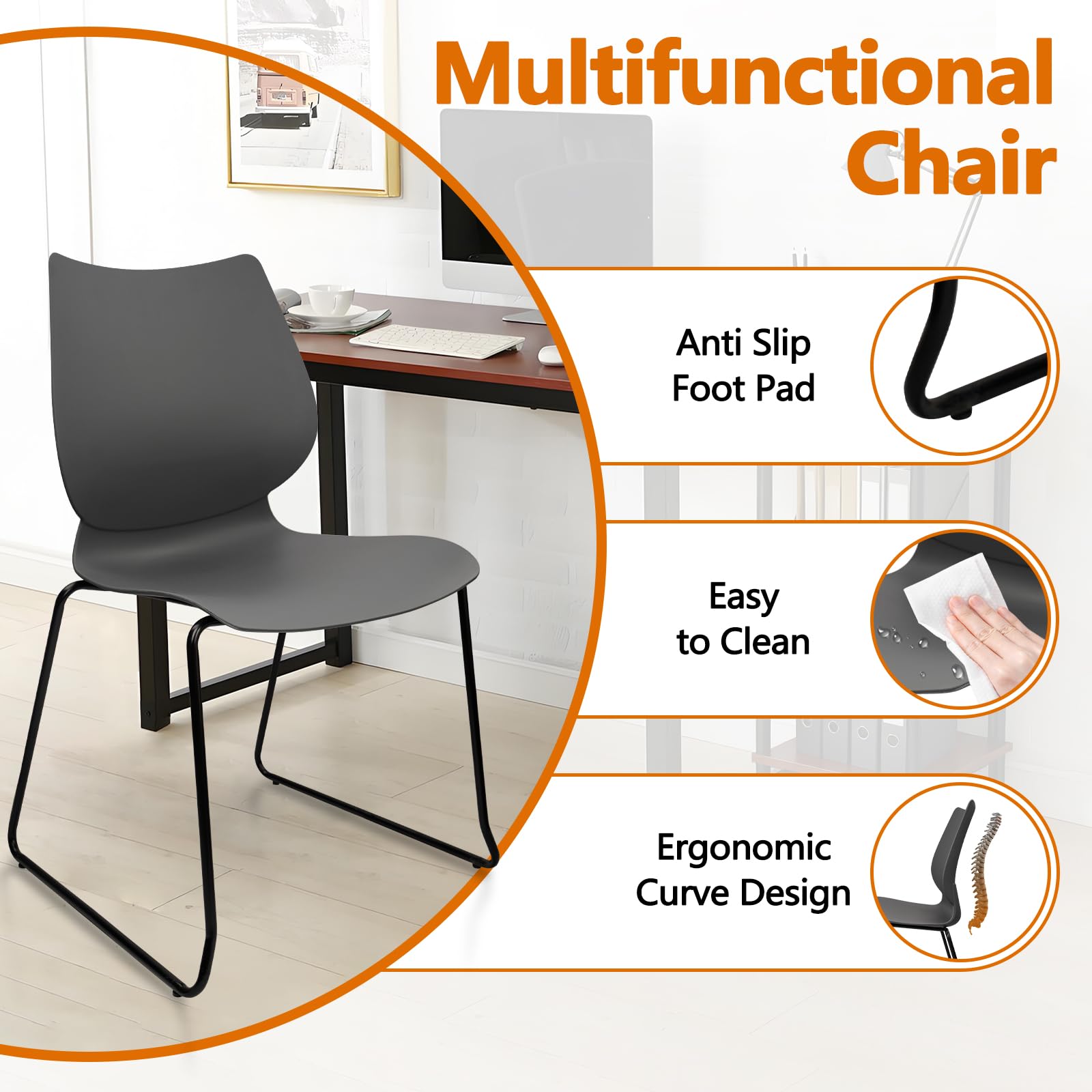 Set of 12, Stacking Waiting Room Chairs, Stacked Plastic Office Chair with Ergonomic Lumbar Support and Metal Legs for Conference School Church Guest Reception , Grey