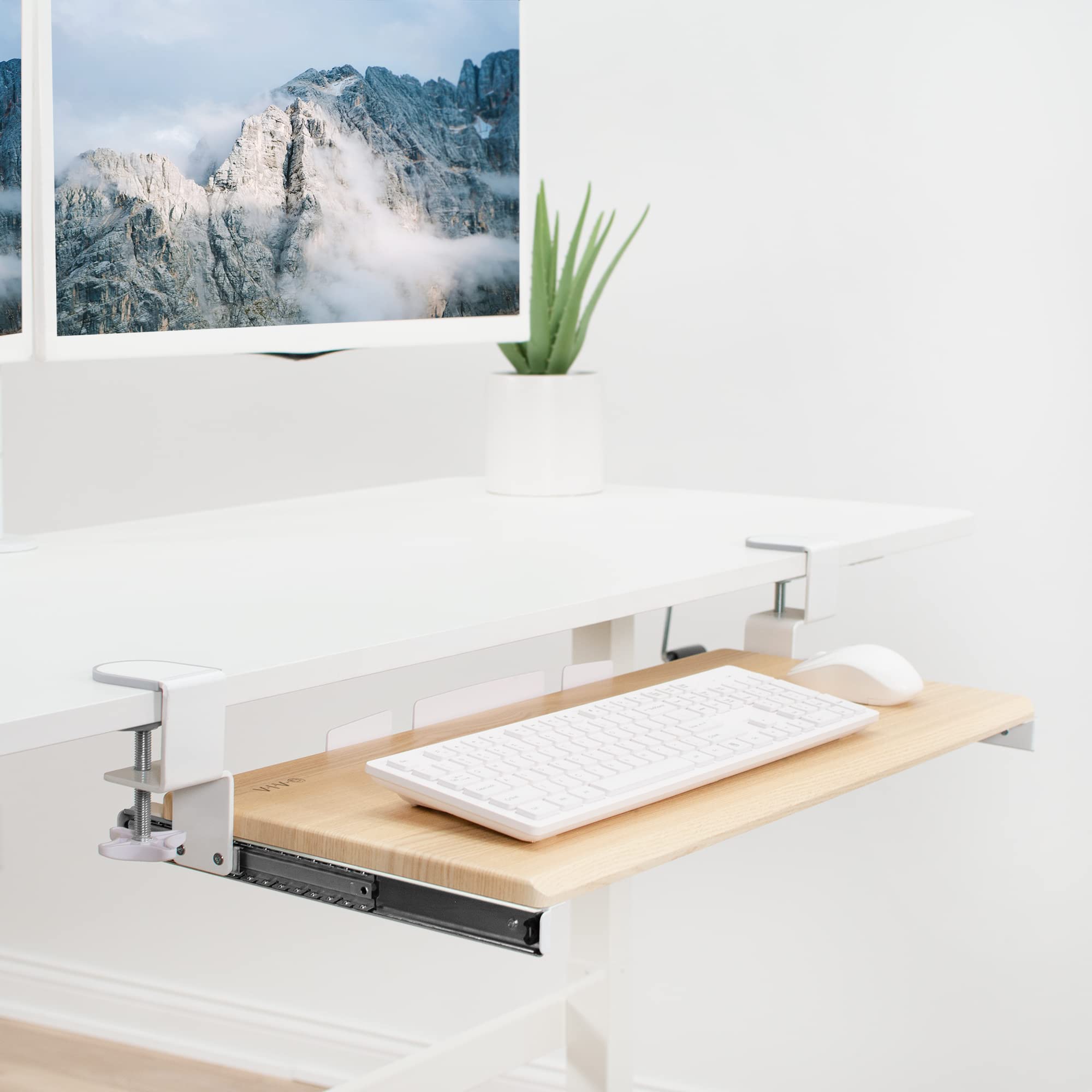 Large Clamp-on Computer Keyboard and Mouse Under Desk Slider Tray, 27 x 11 inch Pull Out Platform Drawer, Light Wood