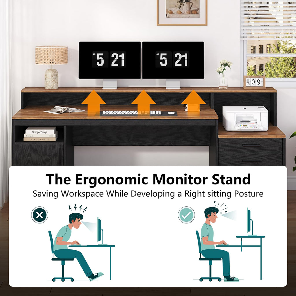Computer Desk with 3 Drawers & Storage Shelves, 65 Inch Home Office Desk with File Drawer & Cabinet, Writing Study Desks with Monitor Stand & Printer Shelf, Executive Desk, Brown and Black