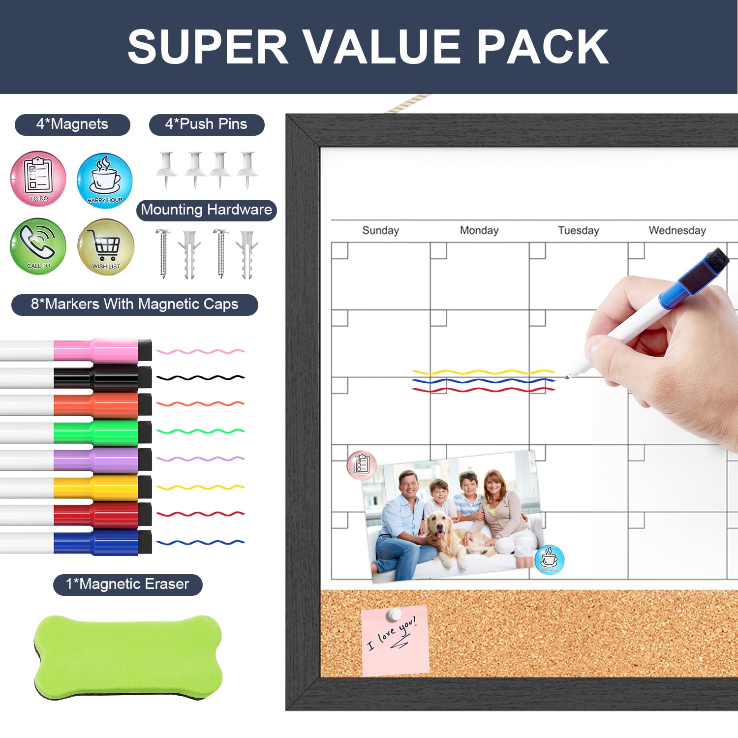 Dry Erase Calendar for Wall, 17x13 Inches Calendar Whiteboard for Wall, Small Magnetic White Board Corkboard with Wood Framed, Hanging Dry Erase Board for Kitchen Home Office School Planner