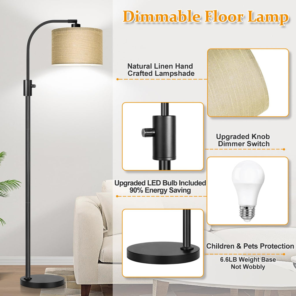 Upgraded Modern Arc Dimmable Tall Standing Floor Lamp with Champagne Shade, 1200 Lumens LED Bulb Included, for Living & Reading Room, Bedroom, Office & Nursery, Black