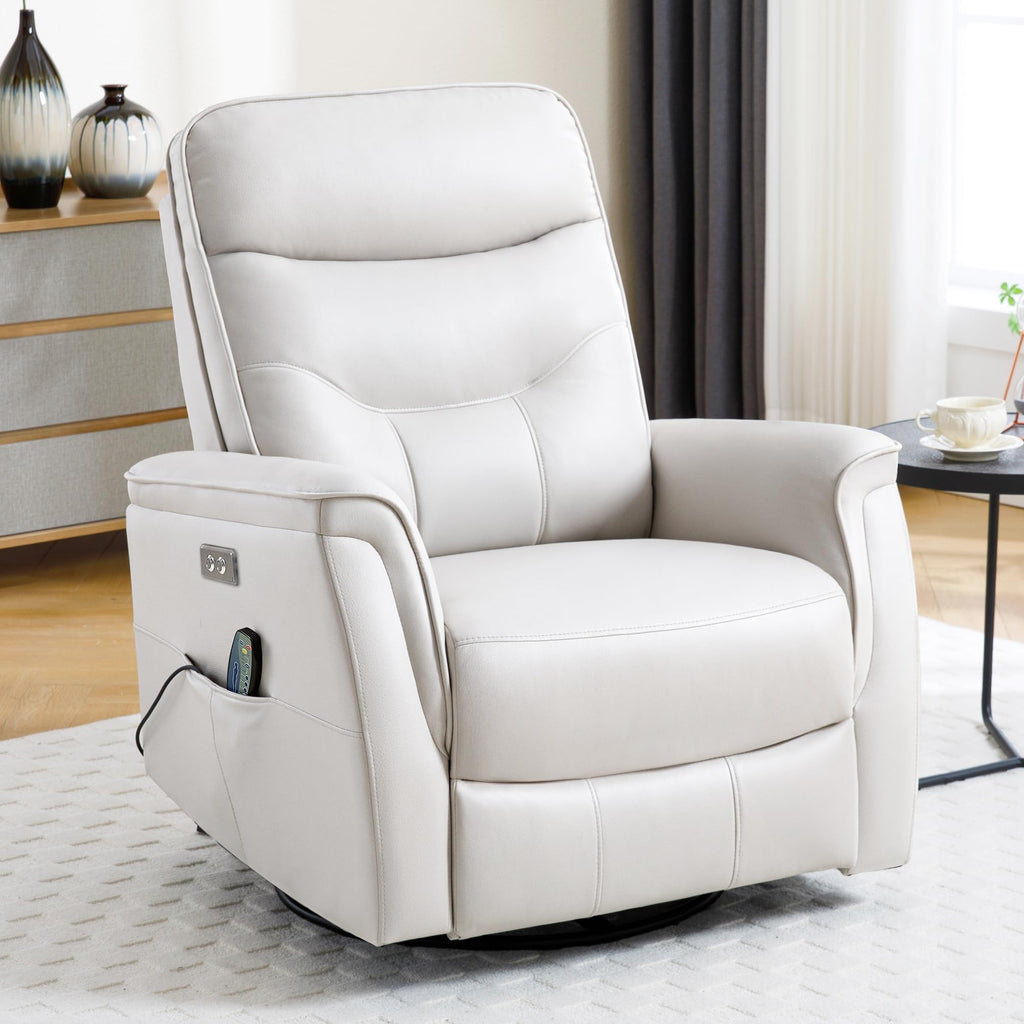 Recliner Chair for Adults, Power Faux Leather Rocker Recliner Massage and Heat, Oversized Swivel Reclining Nursery Chair with USB Ports for Living Room, Office Beige
