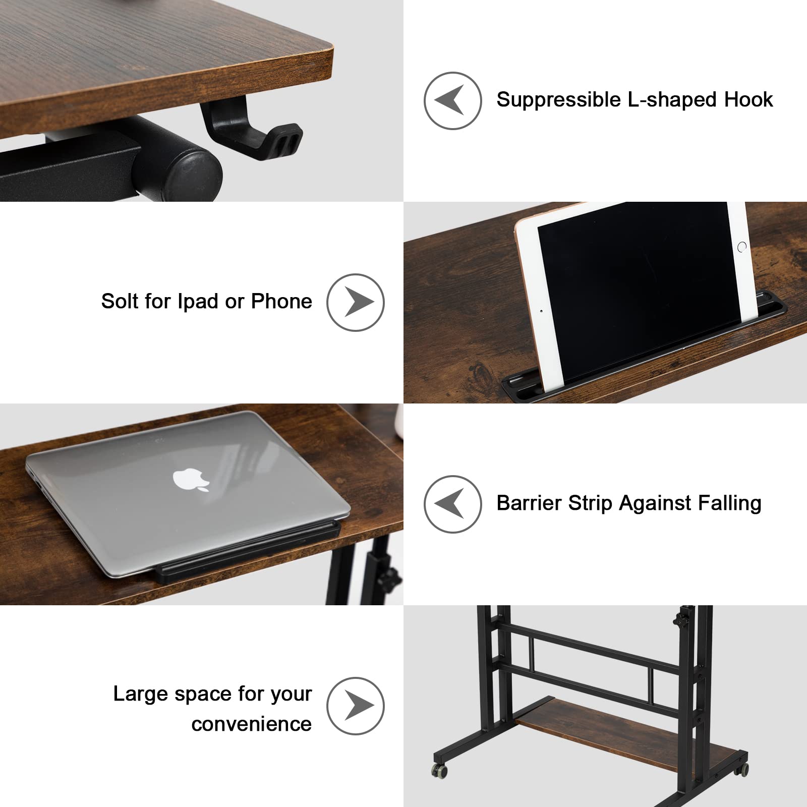 Mobile Standing Desk Adjustable Height, Rolling Desk Stand Up Desk, Mobile Laptop Desk, Rolling Computer Desk with Charging Station, Portable Desk with Wheels, Rustic Brown