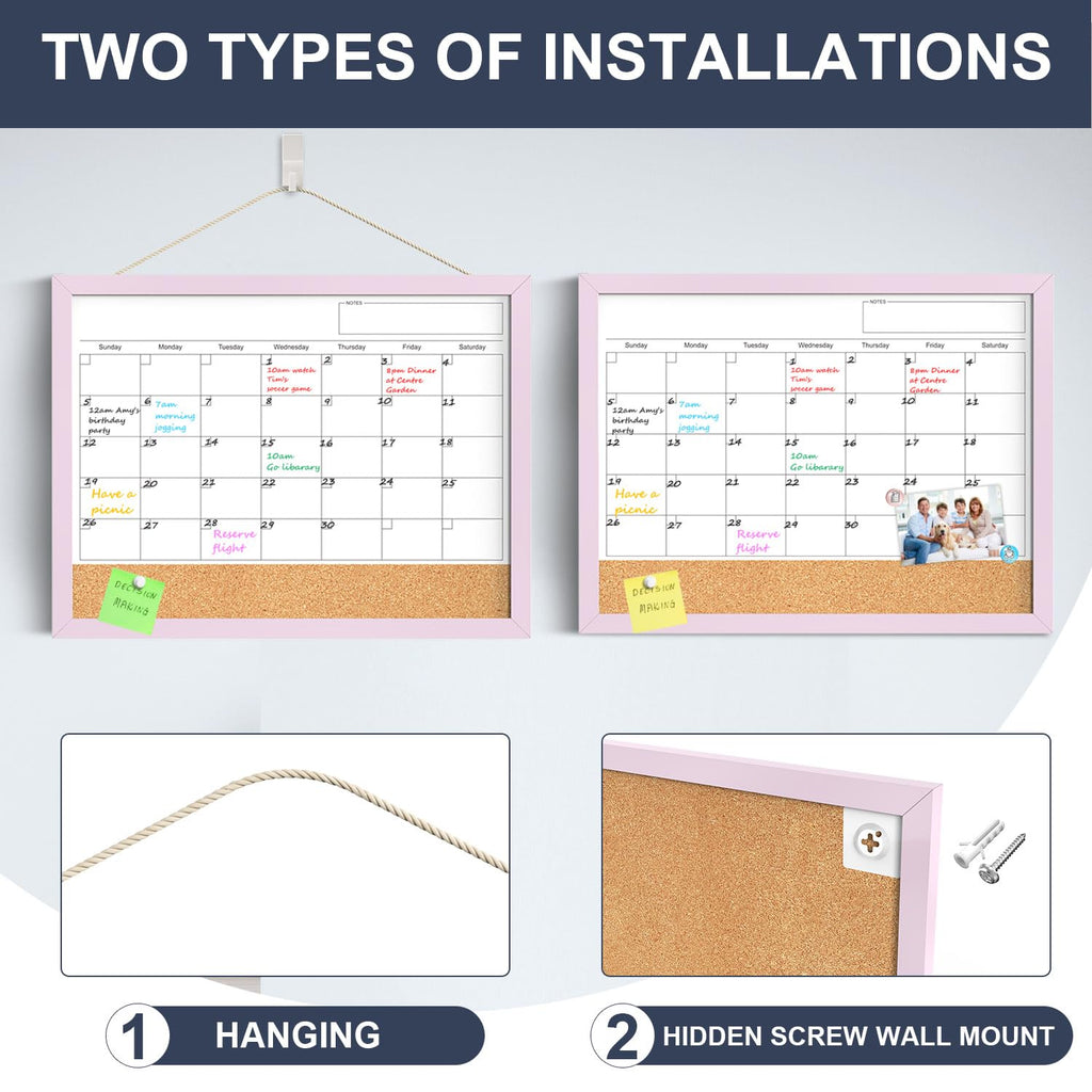 Dry Erase Calendar Cork Board Combo, 18x24 Inches Calendar Whiteboard for Wall, Magnetic White Board with Pink Wood Framed, Dry Erase Board for Planner Office Kitchen Home Memo