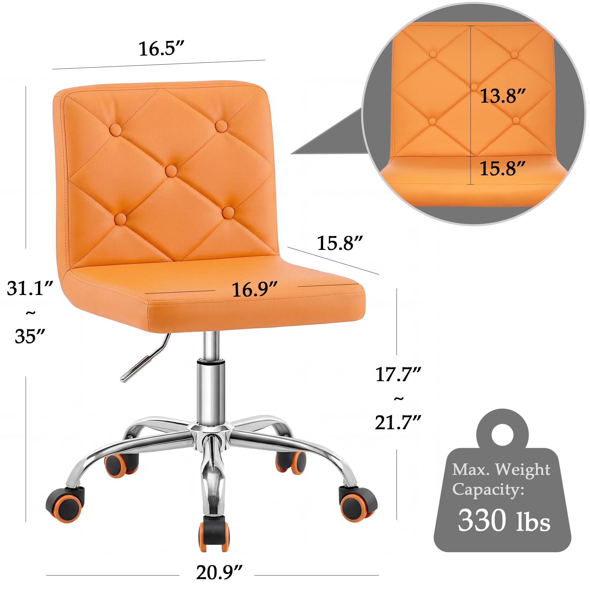 PU Leather Mid-Back Armless Vanity Chair Adjustable Height 360° Rolling Swivel for Office Work