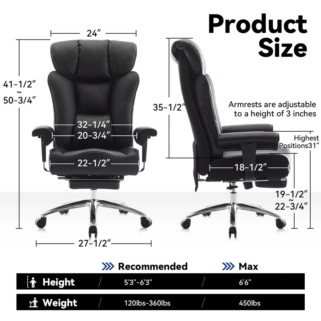 Big and Tall Office Chair with Footrest, 450lbs High Back Executive Chair with Spring Cushion, PU Leather Upholstery, Padded Armrests, Swivel Base, and Rolling Wheels – Black Computer Chair