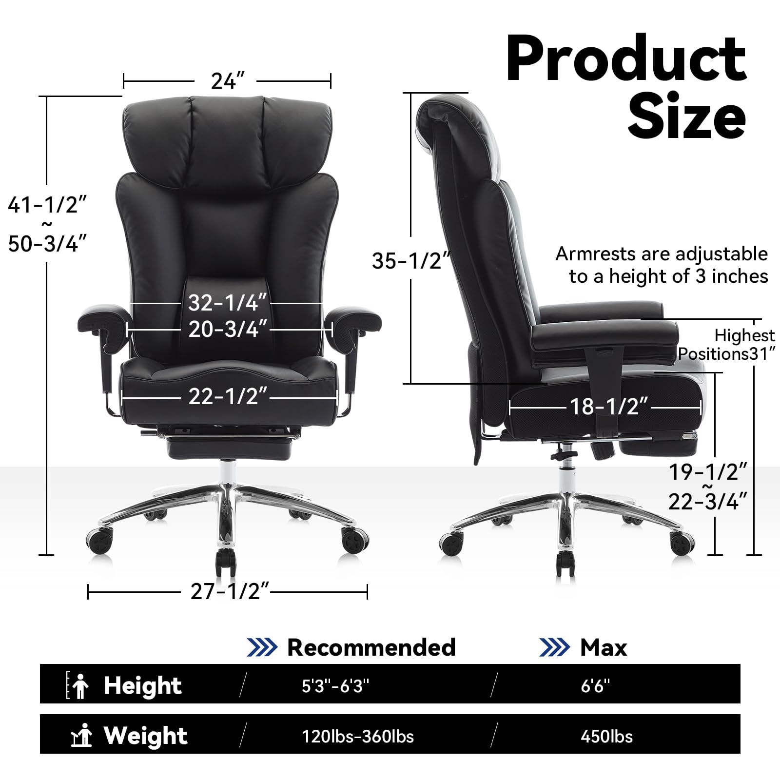 Big and Tall Office Chair with Footrest, 450lbs High Back Executive Chair with Spring Cushion, PU Leather Upholstery, Padded Armrests, Swivel Base, and Rolling Wheels – Black Computer Chair