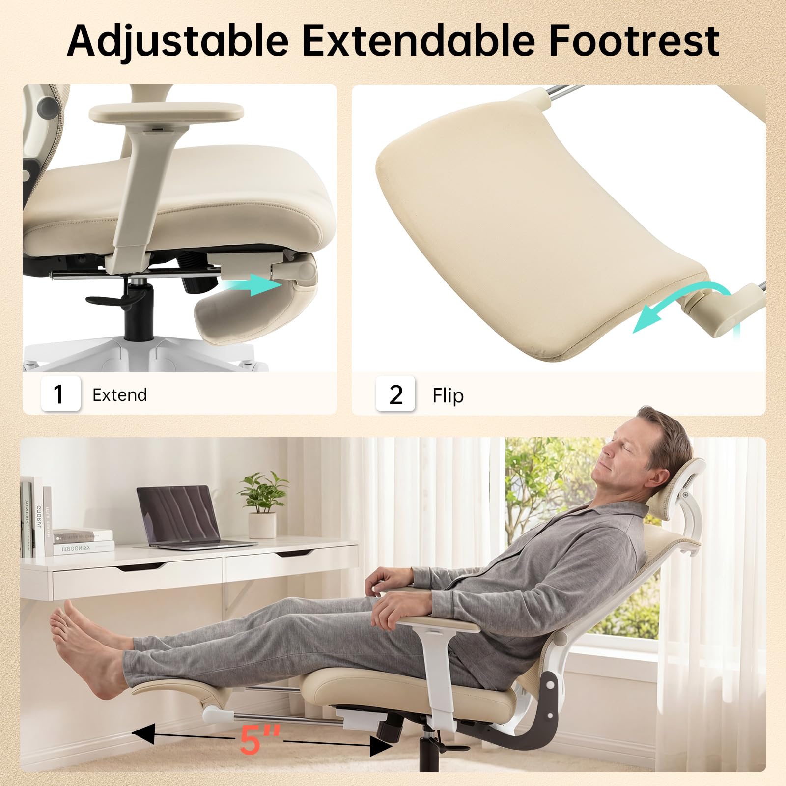 Foldable Office Chair with Foot Rest, Ergonomic Office Chair with Adjustable Lumbar Support, Headrest, Armrest, Home Office Desk Chair for Space Saving, Work from Home, Cream