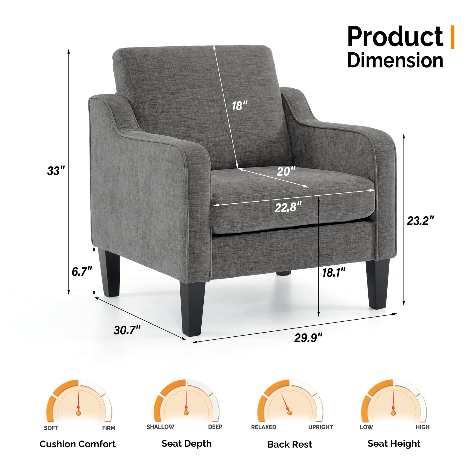 Mid Century Modern Accent Chair - Soft Chenille Upholstered Comfy Armchair for Living Room, Bedroom, Home Office, Apartment, Studio (Light Grey)