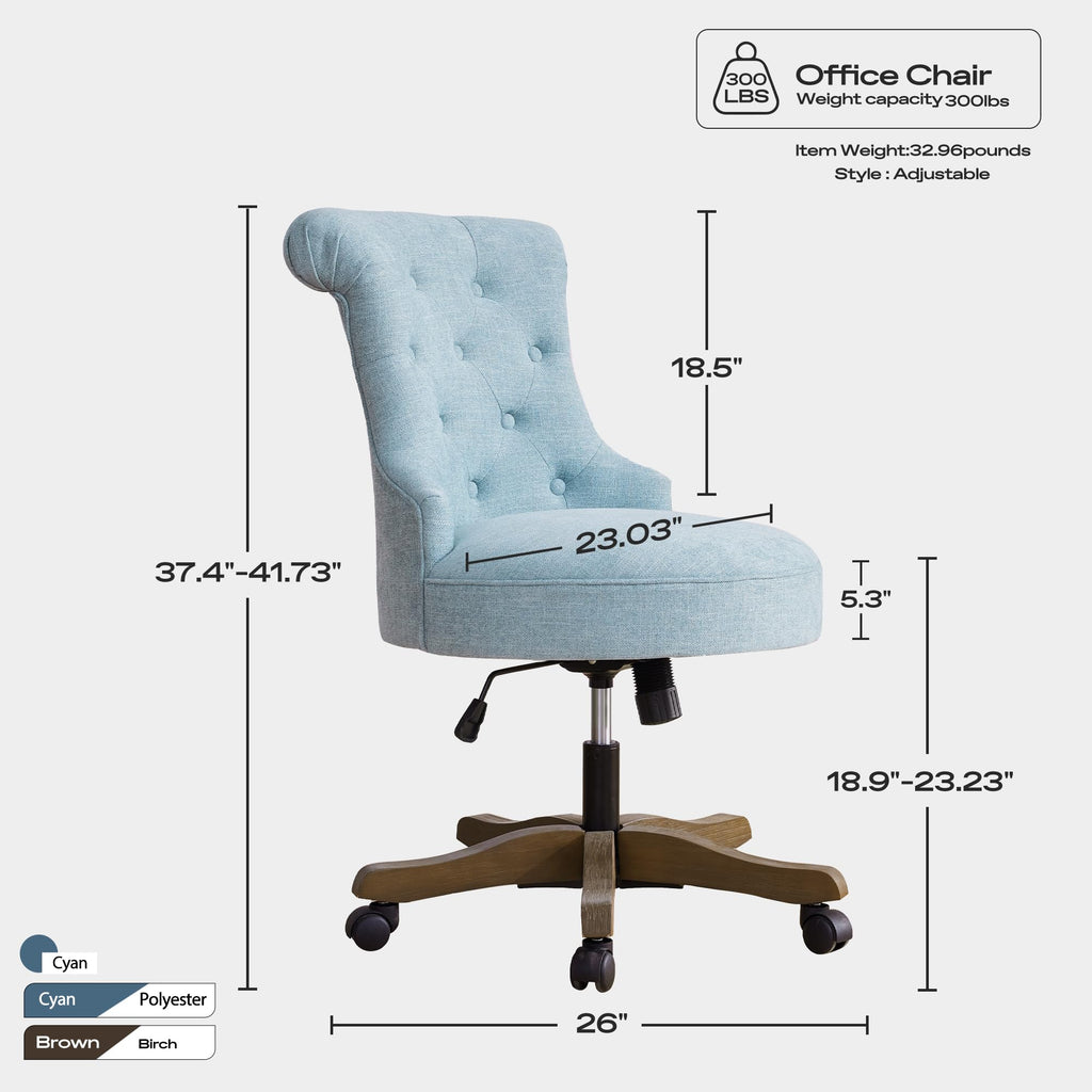 Home Office Chair Upholstered Armless Desk Chair with Wheels Adjustable Height Computer Desk Chair with Wooden Legs Comfortable Linen Swivel Chairs for Home Office Study Studio (Teal)