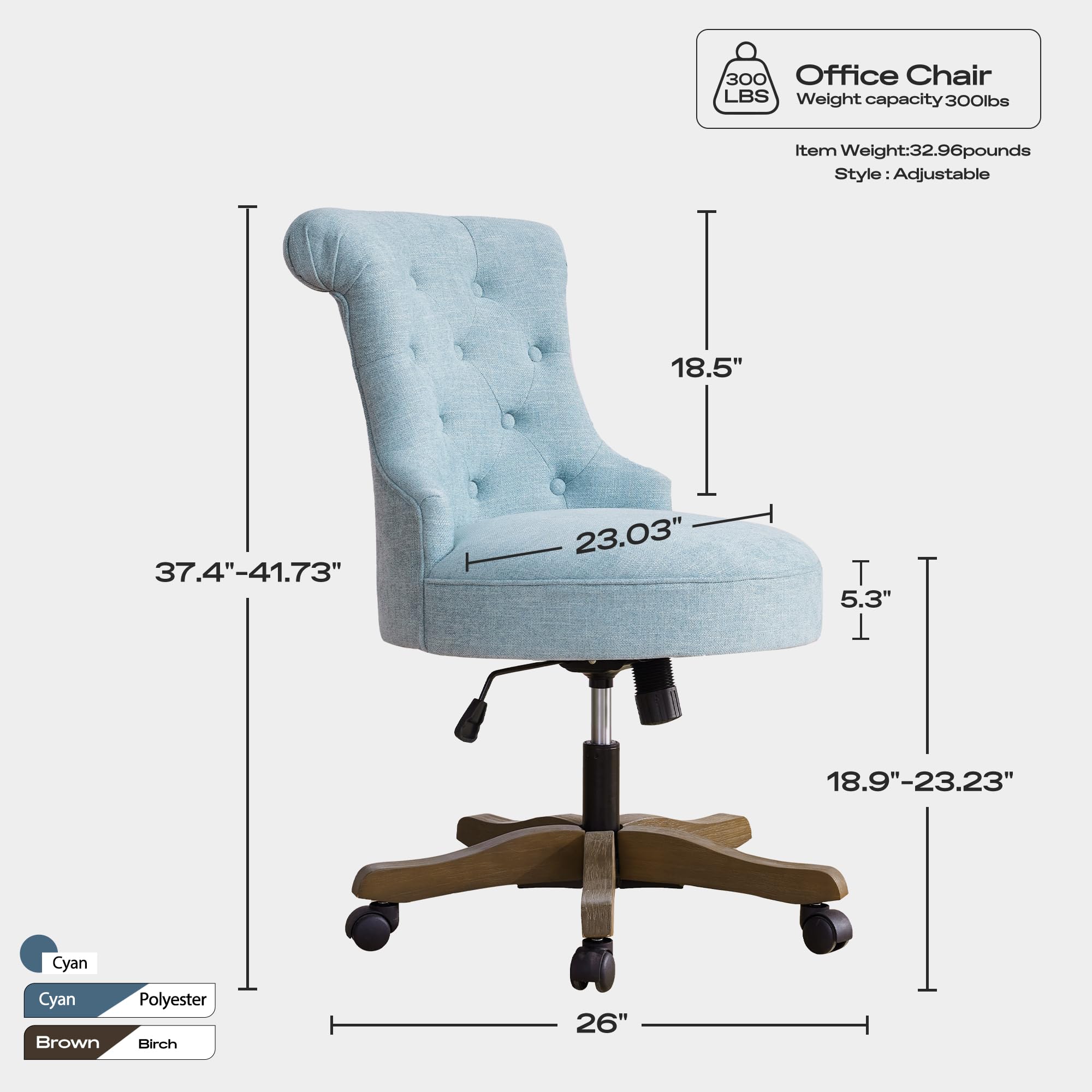 Home Office Chair Upholstered Armless Desk Chair with Wheels Adjustable Height Computer Desk Chair with Wooden Legs Comfortable Linen Swivel Chairs for Home Office Study Studio (Teal)