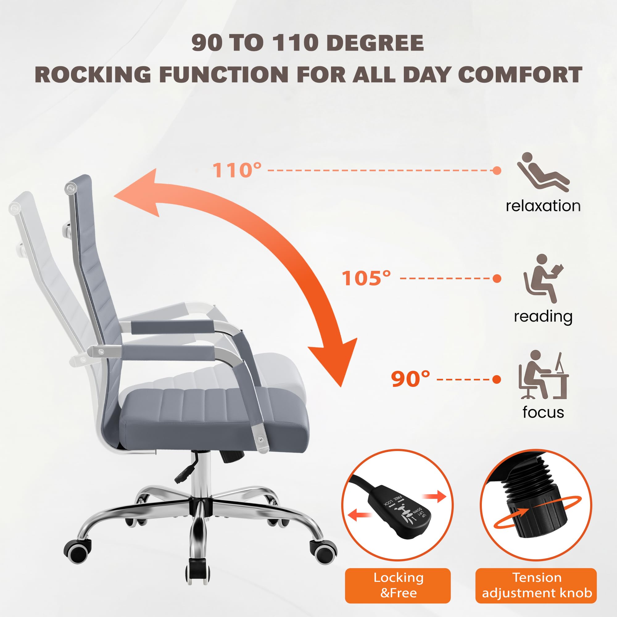 Ergonomic Office Desk Chair, Executive Ribbed Mid-Back PU Leather Conference Room Chair Adjustable Swivel Chair with Arms (1, Grey)