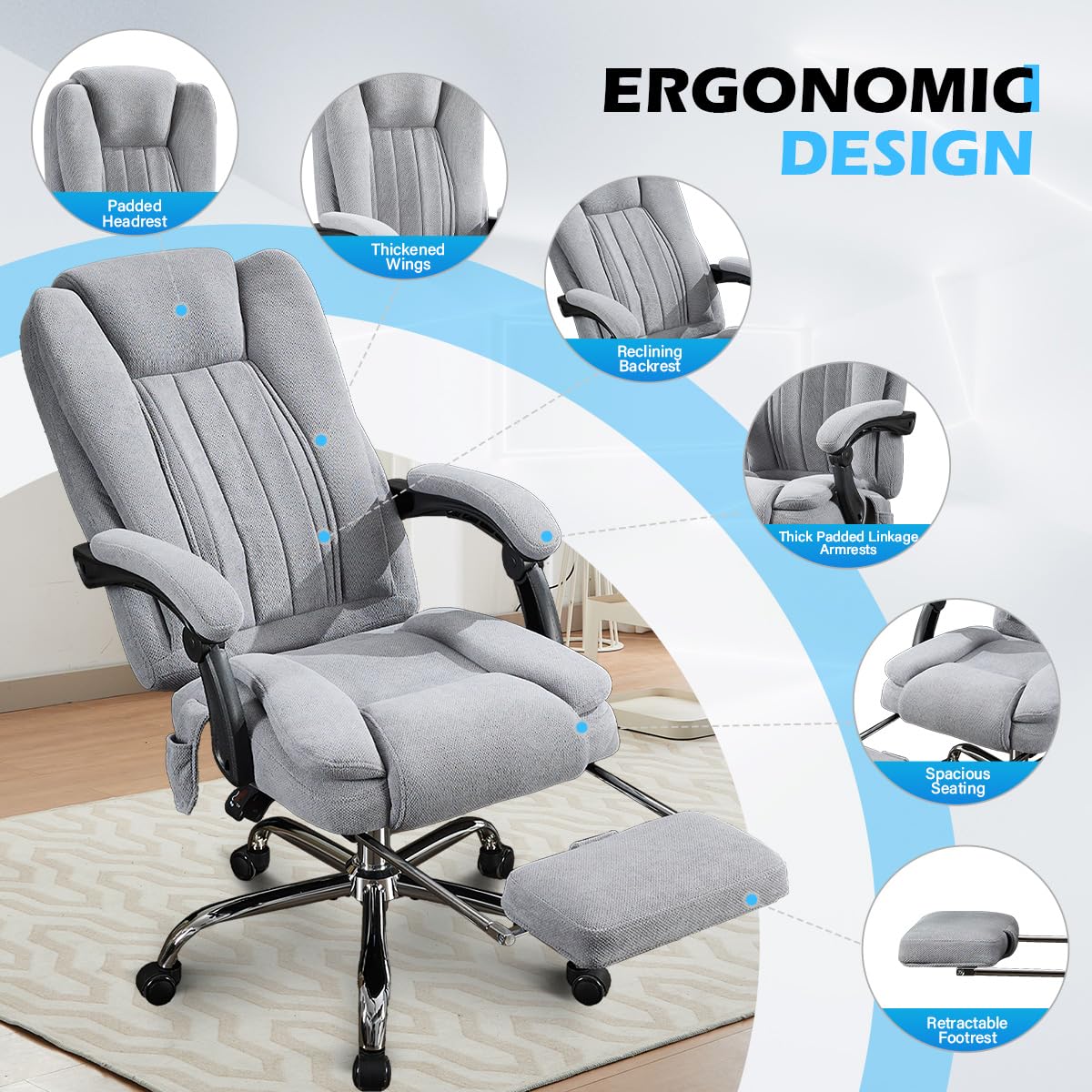 6 Points Vibration & Heat Massage Office Chair with Foot Rest,500lbs Big and Tall Office Chairs,Ergonomic Reclining Desk Chair for Home Office,Gaming