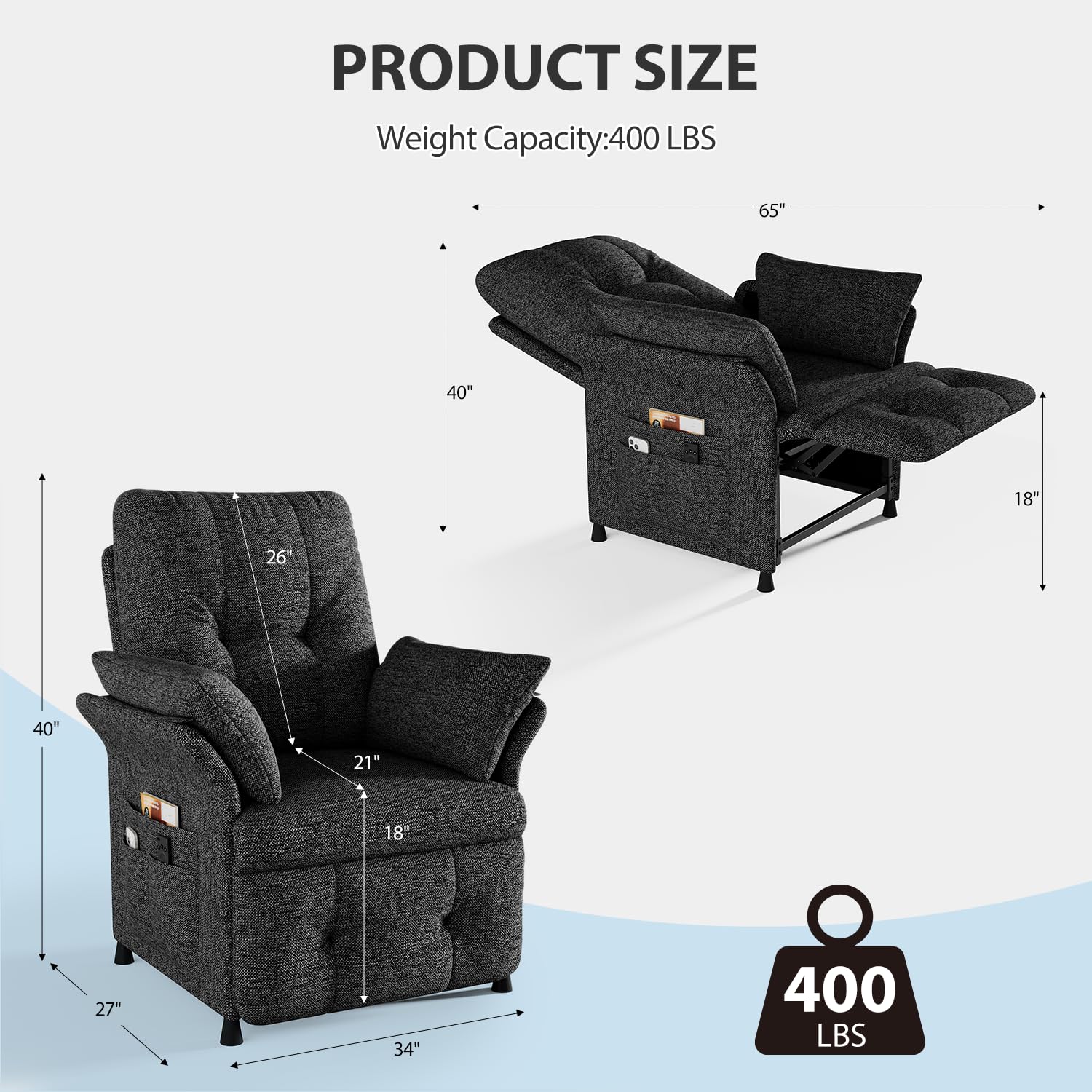 Power Recliner Chair for Adults with Heat & Massage - Linen Electric Reclining Sofa with Remote Control, 3 Side Pockets, 180° Lay Sleeper for Home Theater Living Room, Dark Grey