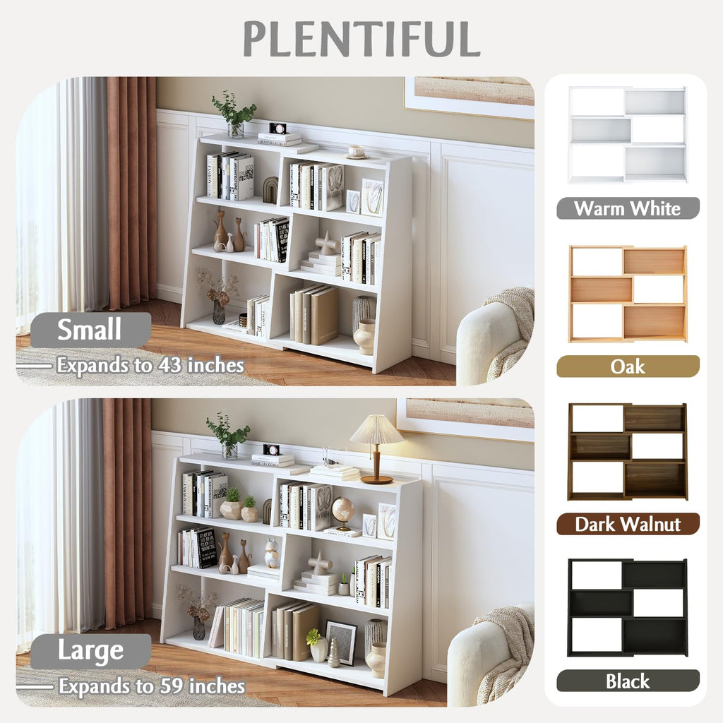 Wooden Extendable Shelf Bookcase, 3-Tier Low Bookshelf, White, L