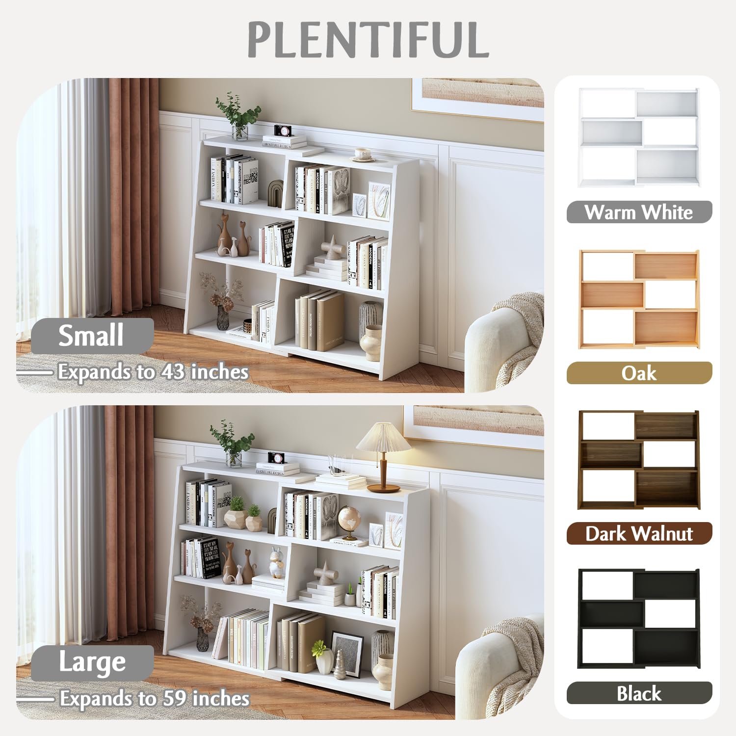 Wooden Extendable Shelf Bookcase, 3-Tier Low Bookshelf, White, L