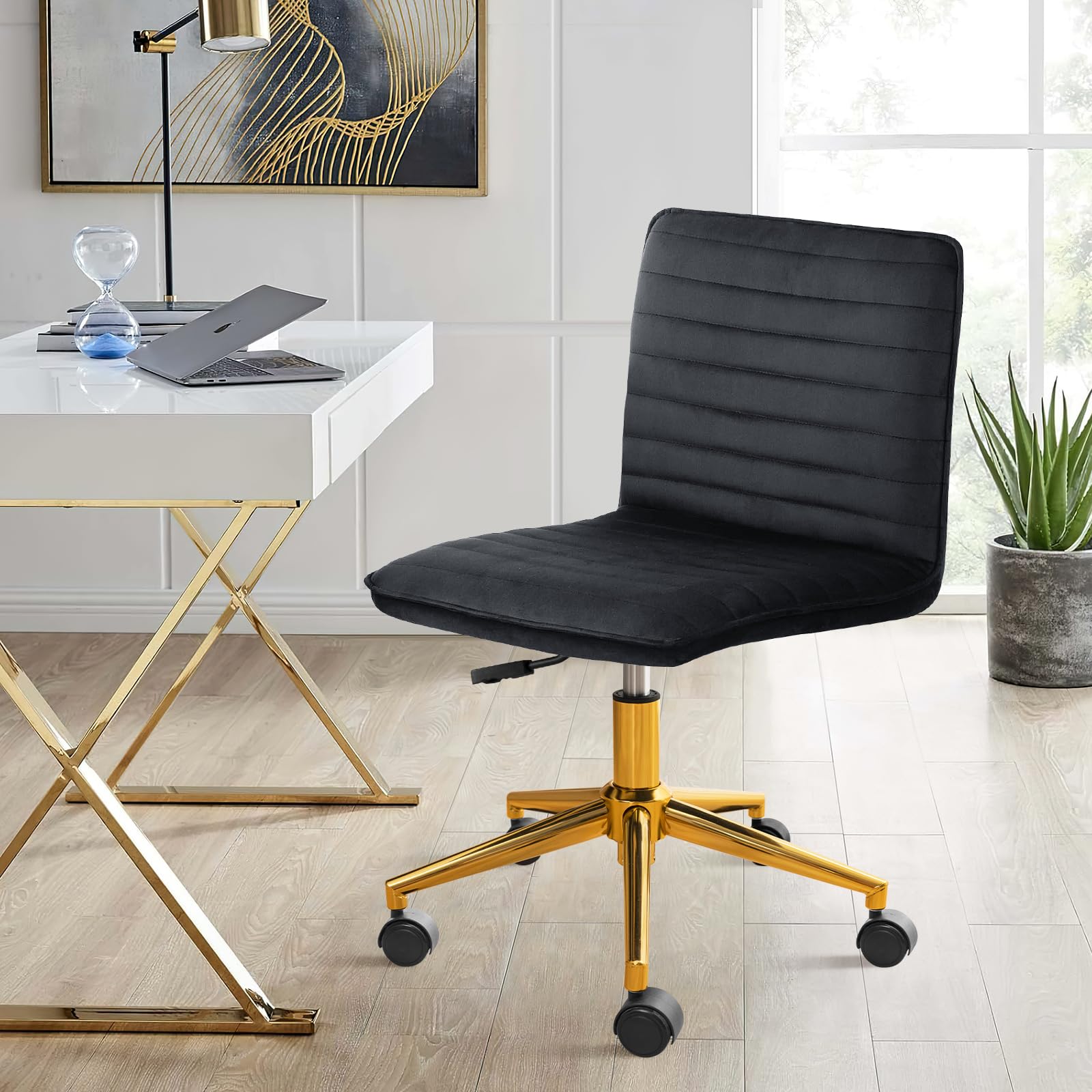 Office Desk Chair, Armless Desk Chair with Wheels Soft Velvet Adjustable Height, Comfy Computer Rolling Chairs with Gold Metal Base Stool,Black
