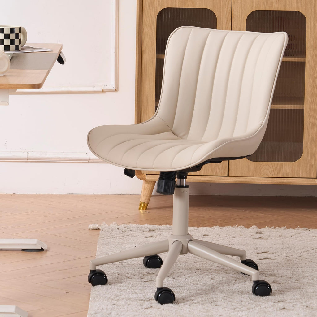 Home Office Desk Chair with Wheels Armless Vanity Chair with Back Comfy Modern Leather Upholstered Rolling Task Chair Swivel Small Cute Sewing Chair No Arms Wide Adjustable Ergonomic Cream