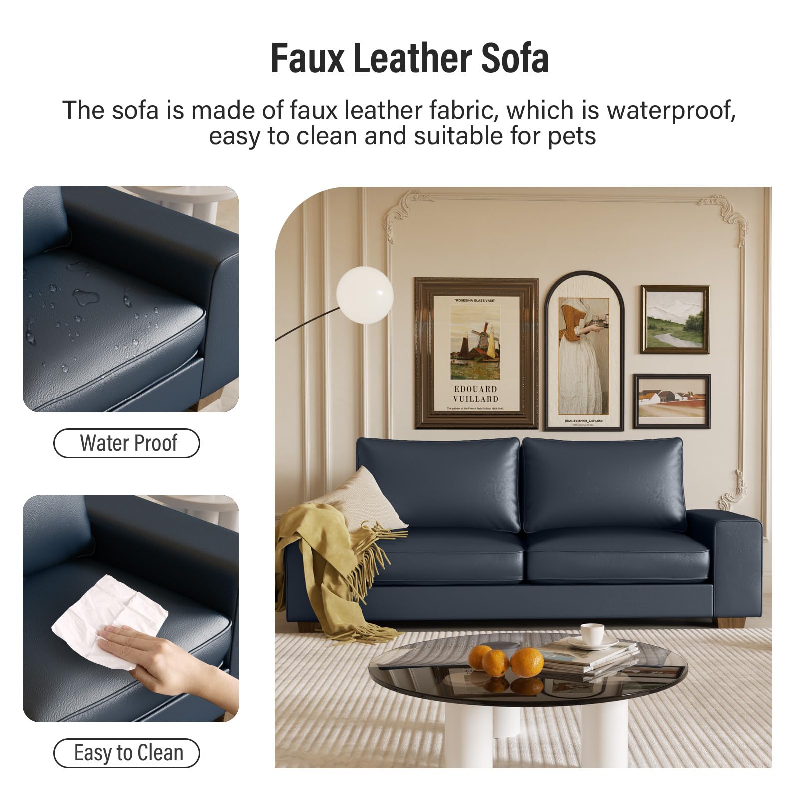 Faux Leather Couch, Mid Century Modern Comfy Loveseat Sofa with Wide Arm, Side Pockets, Solid Wooden Frame for Office, Living Room and Bedroom, 3 Seater (Blue, 88.58 inches)