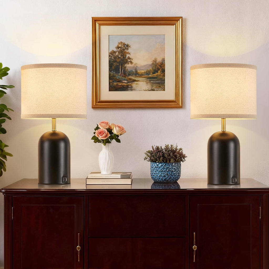 Touch Control Table Lamps Set of 2, Black Bedside Lamps for Bedroom