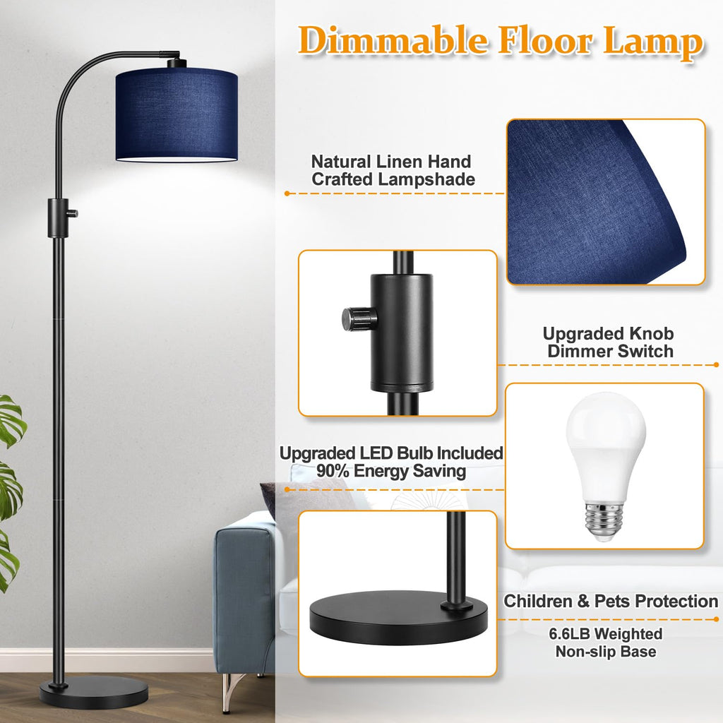 Upgraded Modern Arc Dimmable Tall Standing Floor Lamp with Blue Shade, 1200 Lumens LED Bulb Included, for Living & Reading Room, Bedroom, Office & Nursery, Black