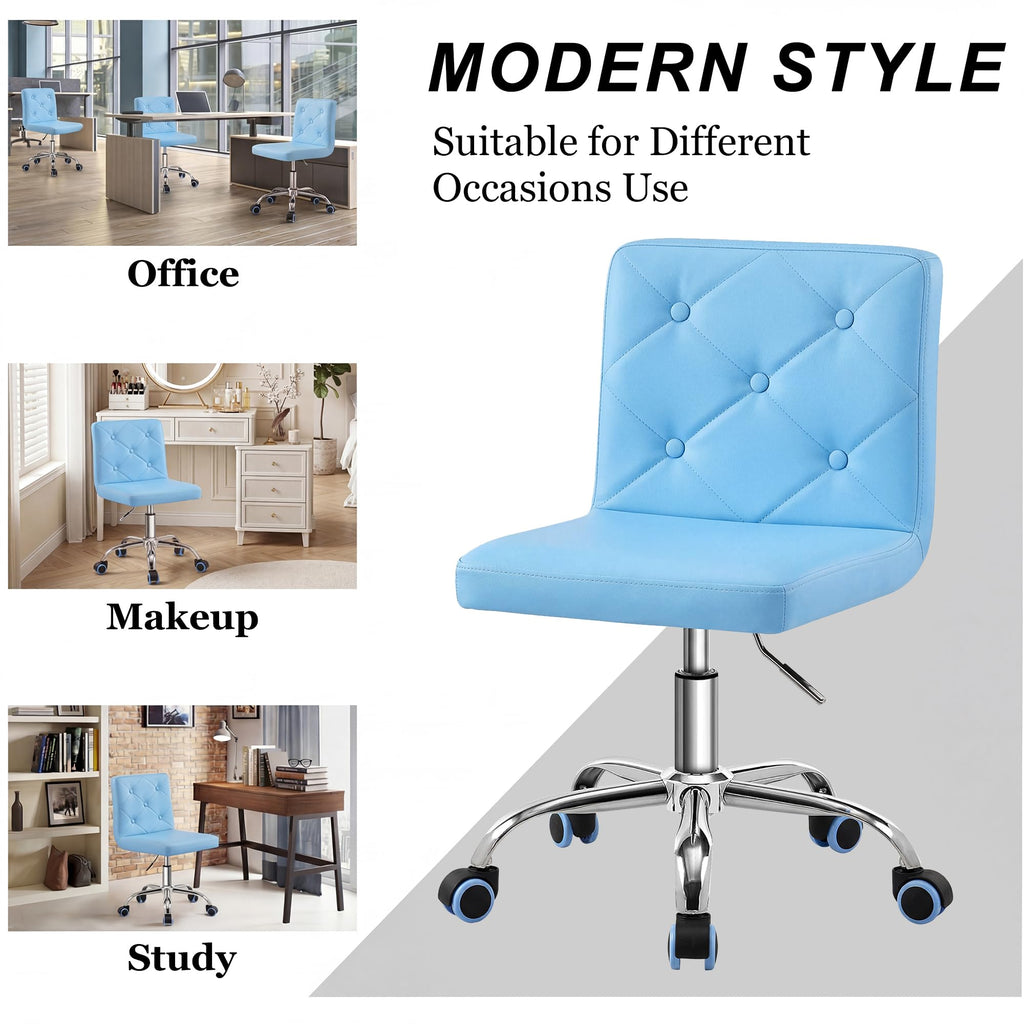 PU Leather Mid-Back Armless Vanity Chair Adjustable Height 360° Rolling Swivel for Office Work