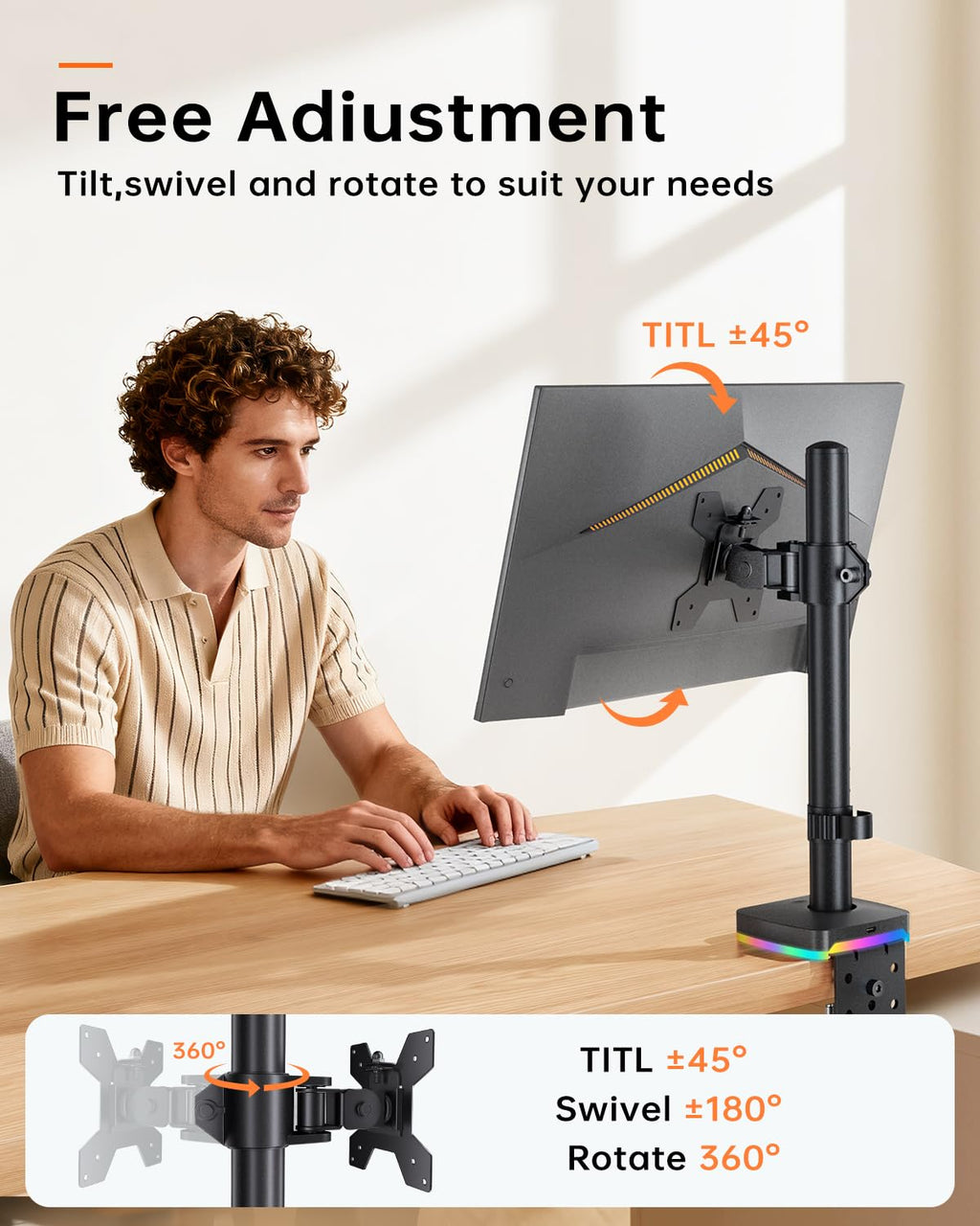 Single Monitor Desk Mount, Monitor Arm with 3 USB Ports, Charging and USB Data Transfer Function, Desk Mount for 13"-27" Monitors up to 17.6lbs, Adjustable Height, Tilt, Swivel, Rotate