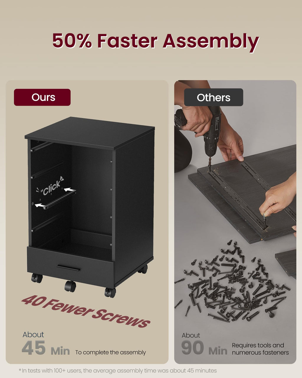 File Cabinet, Mobile Pedestal Filing Cabinet with Wheels, Printer Stand with 5 Drawers, Tool-Free Sliding Rails, for Study, Home Office, Ink Black