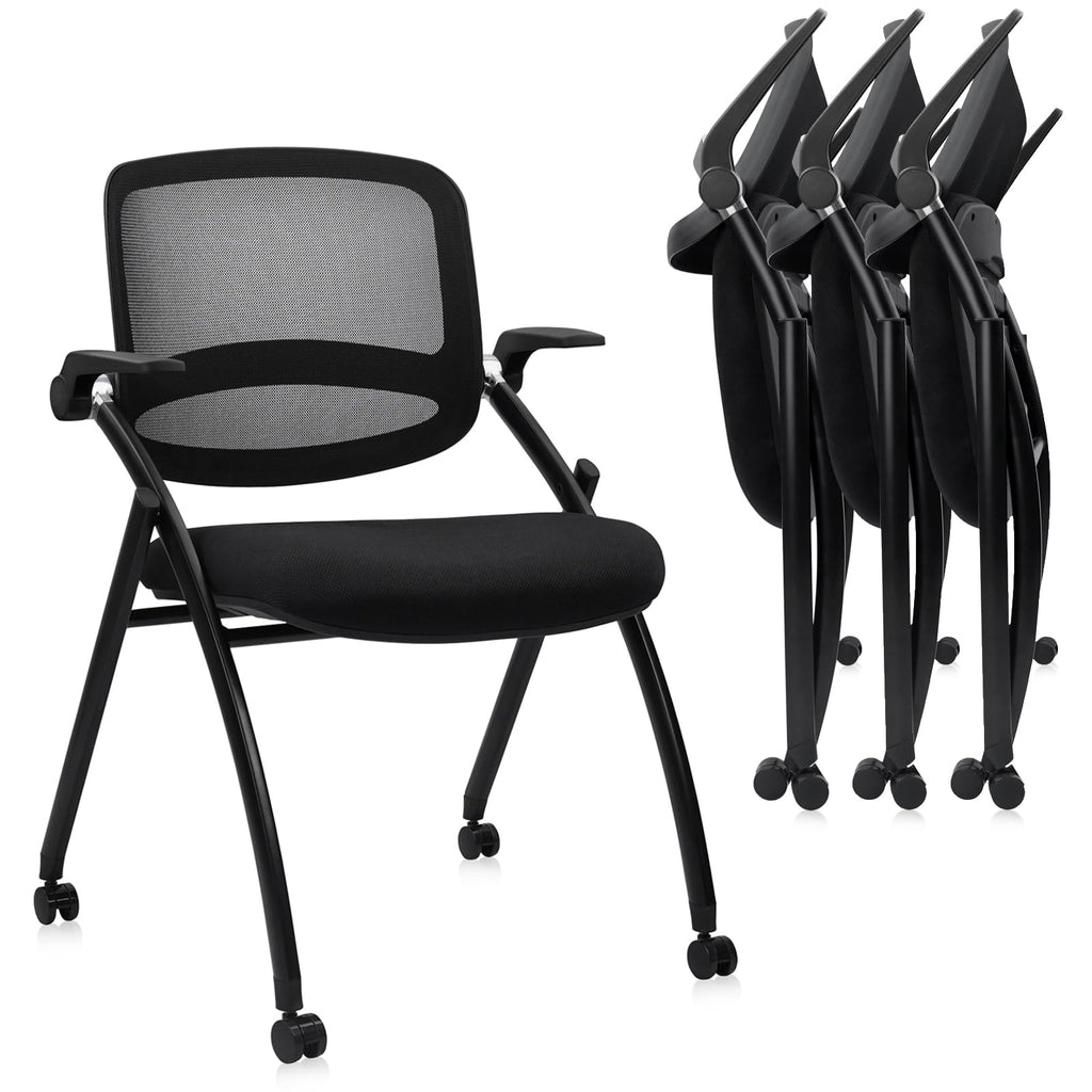 (4pk) Stackable & Foldable Chairs with Flip Up Armrests, Reception Guest Chairs with Wheels, Ergonomic Curved Mesh Back Folding Chair for Office Meeting Schools Conference Waiting Room