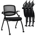 (4pk) Stackable & Foldable Chairs with Flip Up Armrests, Reception Guest Chairs with Wheels, Ergonomic Curved Mesh Back Folding Chair for Office Meeting Schools Conference Waiting Room