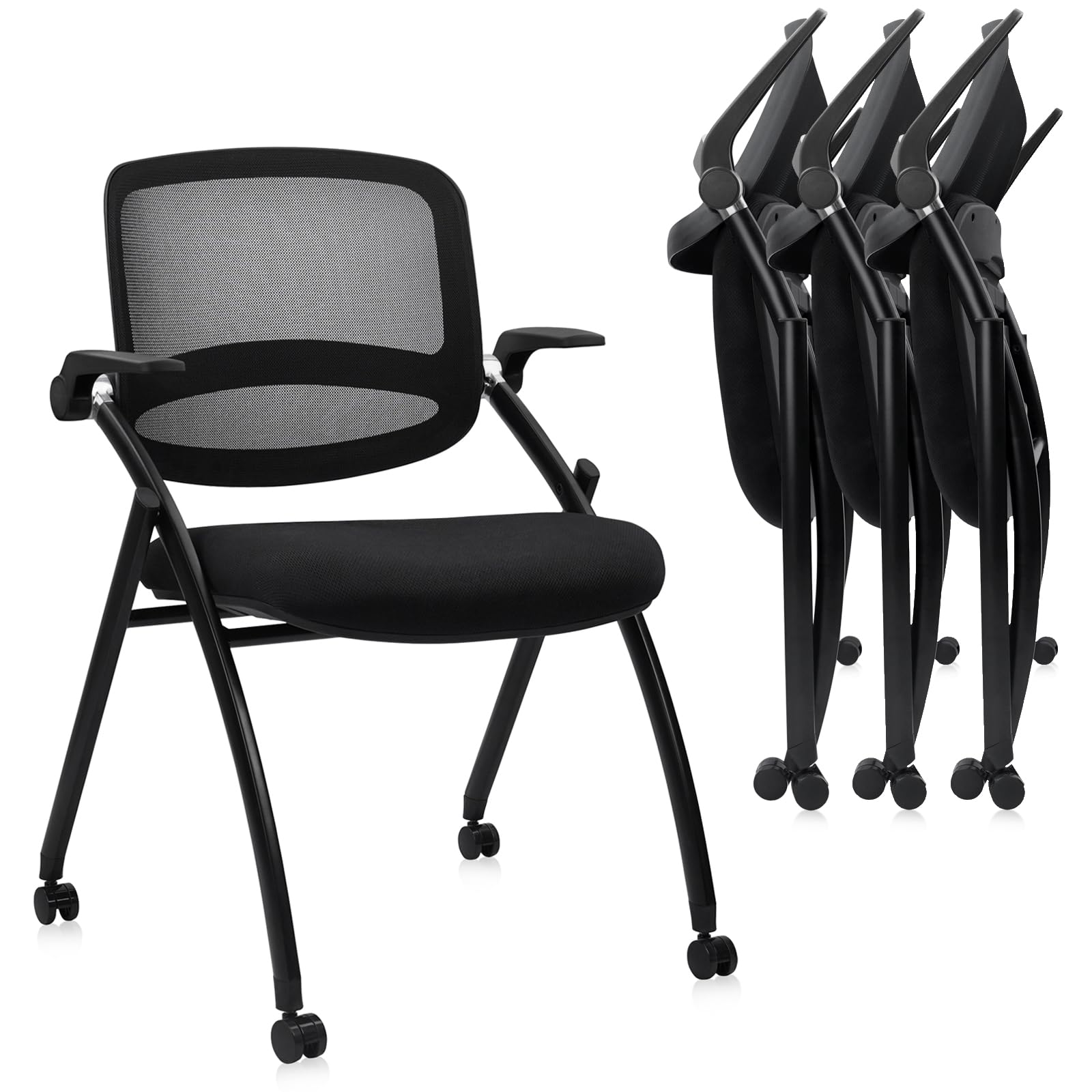 (4pk) Stackable & Foldable Chairs with Flip Up Armrests, Reception Guest Chairs with Wheels, Ergonomic Curved Mesh Back Folding Chair for Office Meeting Schools Conference Waiting Room