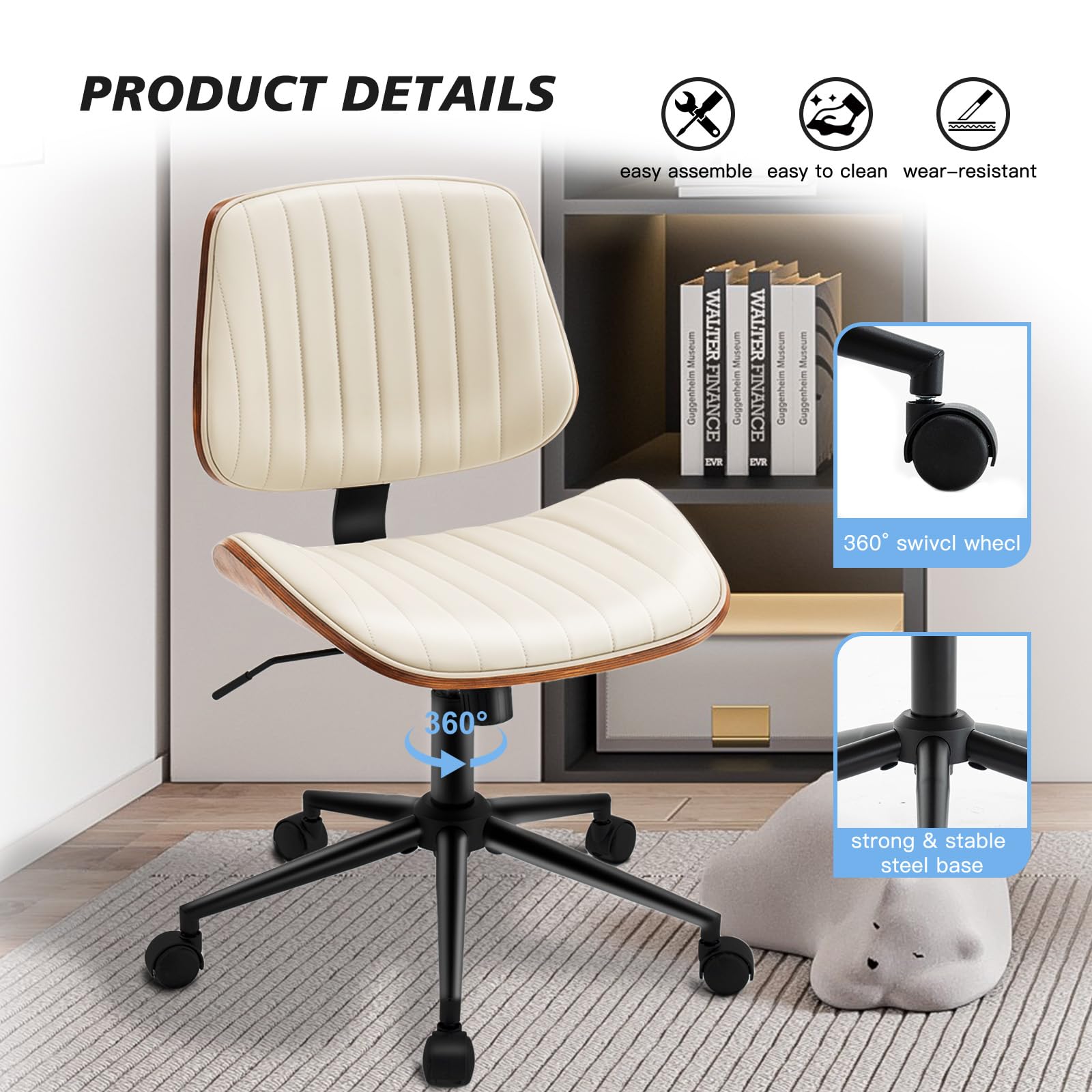 Armless Desk Chair with 360°Swivel Wheels, Ergonomic Adjustable Height Computer Chair for Home Office,PU Leather with Modern Walnut Drafting Chairs for Office, Reading Nook(Beige)