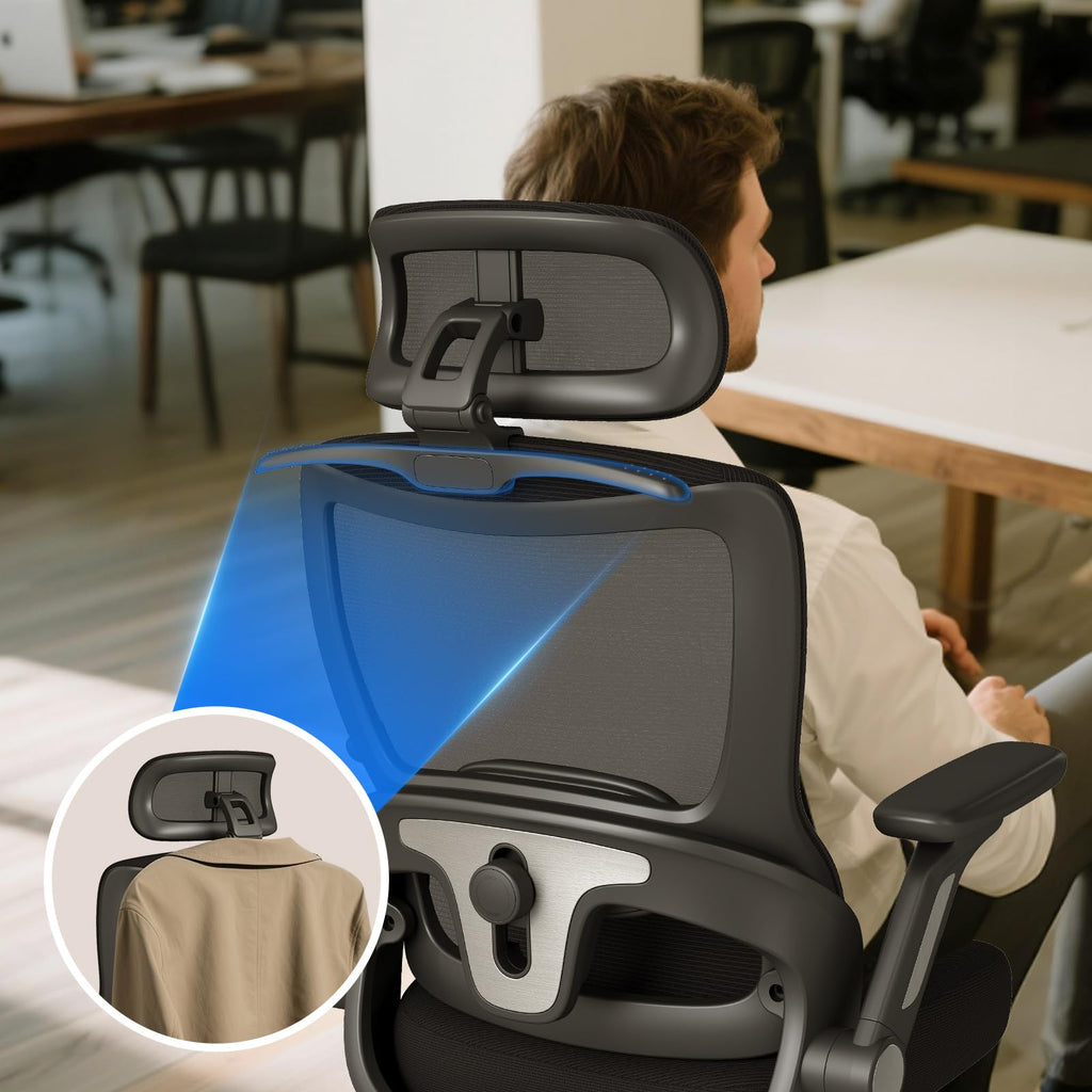 Ergonomic Office Chair, Home Computer Chair with 3D Adjustable Headrest and 4D Flip-Up Armrests, Adjustable Lumbar Support, Suitable for Office, Black