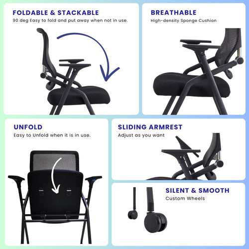 10 Pack Stackable & Foldable Conference Room Chairs with Lumbar Support, Armrest - Ergonomic Mesh Bouncing Back for Office Meeting, Conference, Reception and Training Room Chair