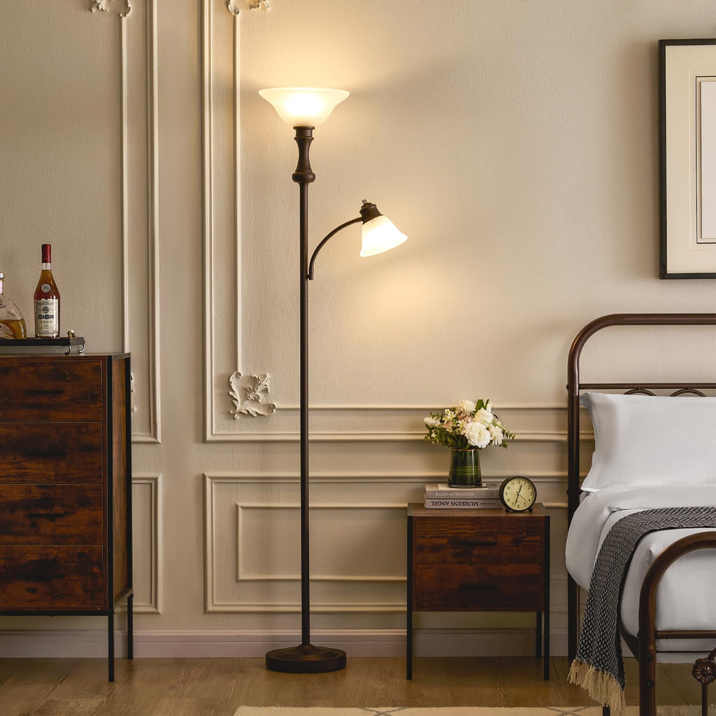 Torchiere Brown Floor Lamp with Adjustable Angle Reading Lamp-71IN