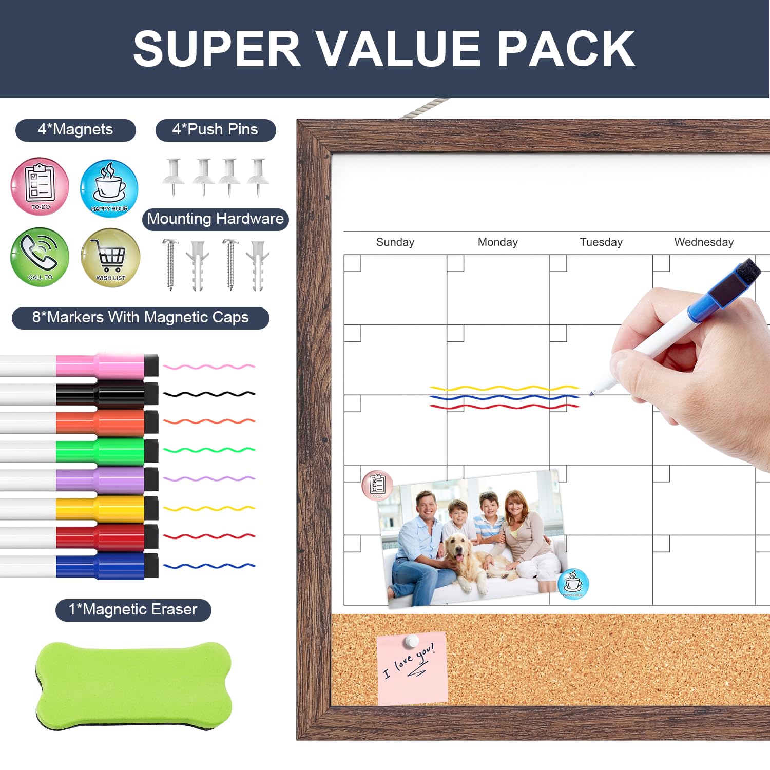 Calendar Whiteboard for Wall, 18x24 Inches White Board Calendar Dry Erase, Magnetic White Board with Wood Frame, Hanging Dry Erase Board for Kitchen Home Office School Planner