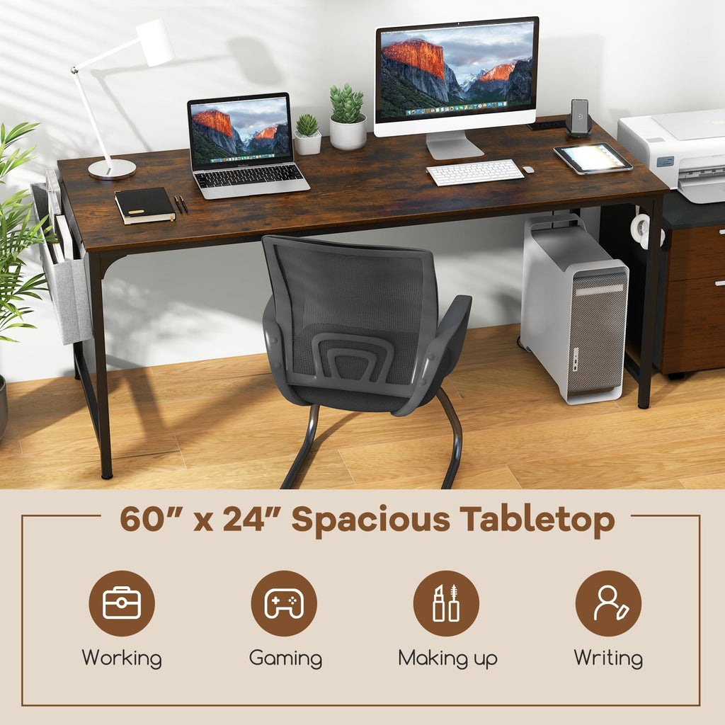 60" Conference Desk Set of 2, Modern Boardroom Desk with Storage Bag, Headphone Hook, Sturdy Metal Frame, Rectangular Seminar Table with Charging Station