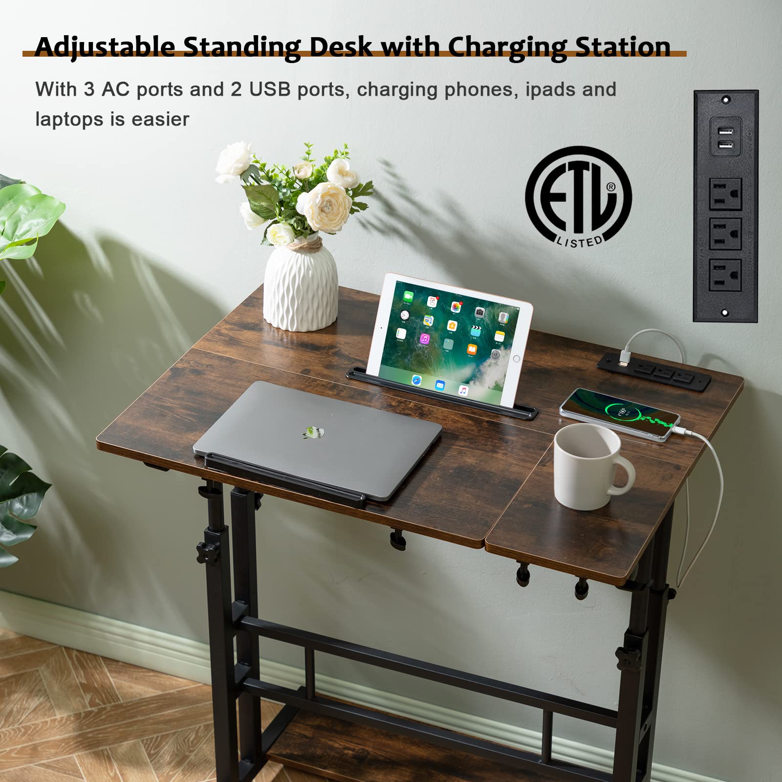 Mobile Standing Desk Adjustable Height, Rolling Desk Stand Up Desk, Mobile Laptop Desk, Rolling Computer Desk with Charging Station, Portable Desk with Wheels, Rustic Brown